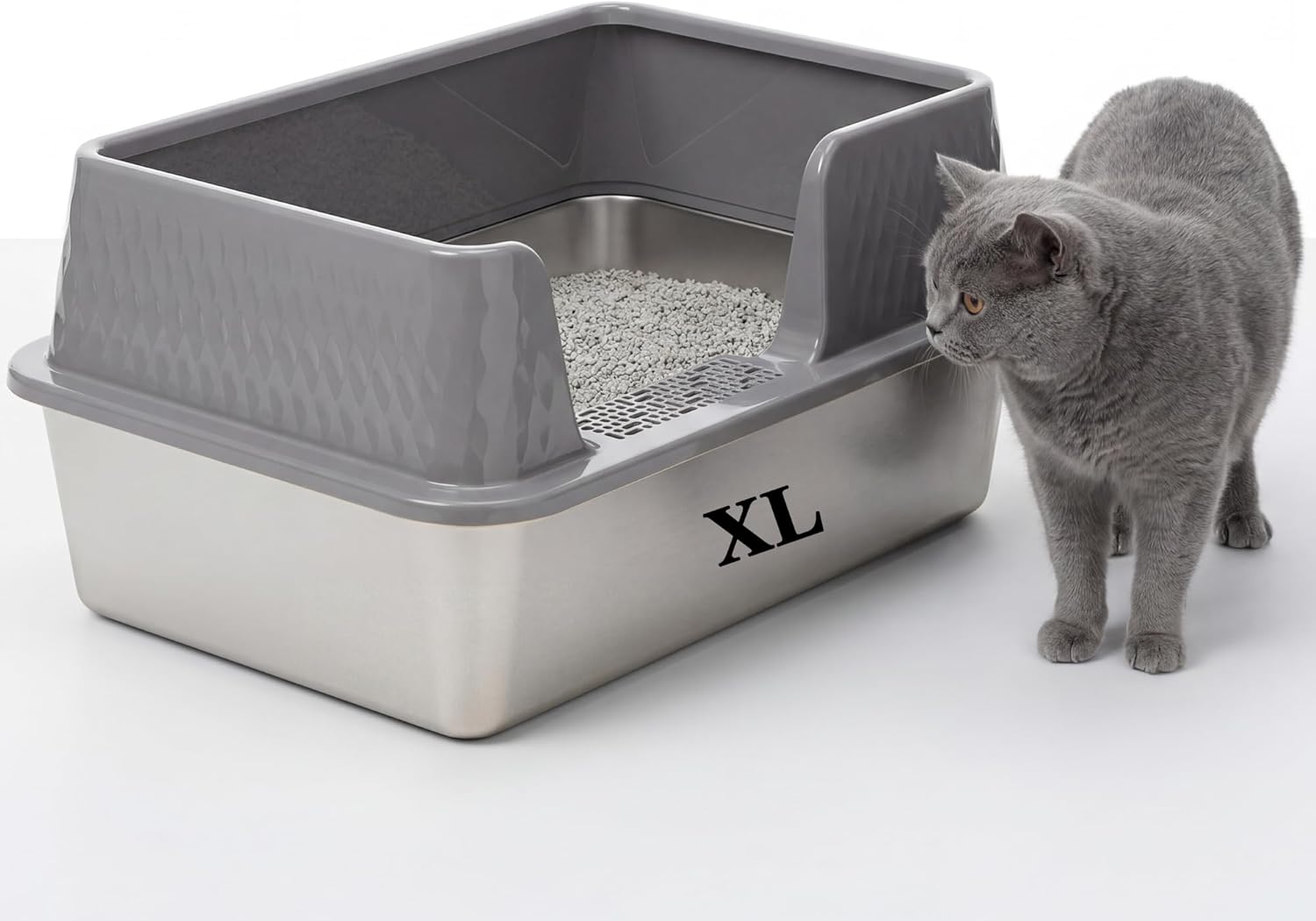 Suhaco Medium Stainless Steel Litter Box Side Entry High Sides Deep Metal Cat Litter Boxes with Lid Low Entry Litter Mat and Scoop Litter Pan (Grey)