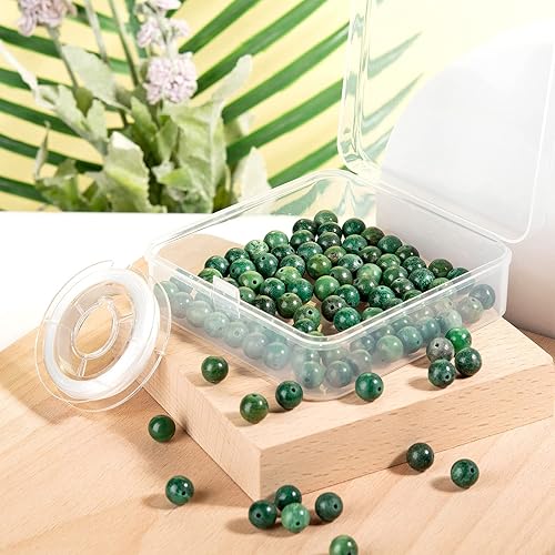 Miniatura 5 de BEEFLYING 100 cuentas redondas de jade africano natural de 0.315 pulgadas con hilo de cristal elástico para mujeres, collares, pulseras, joyería