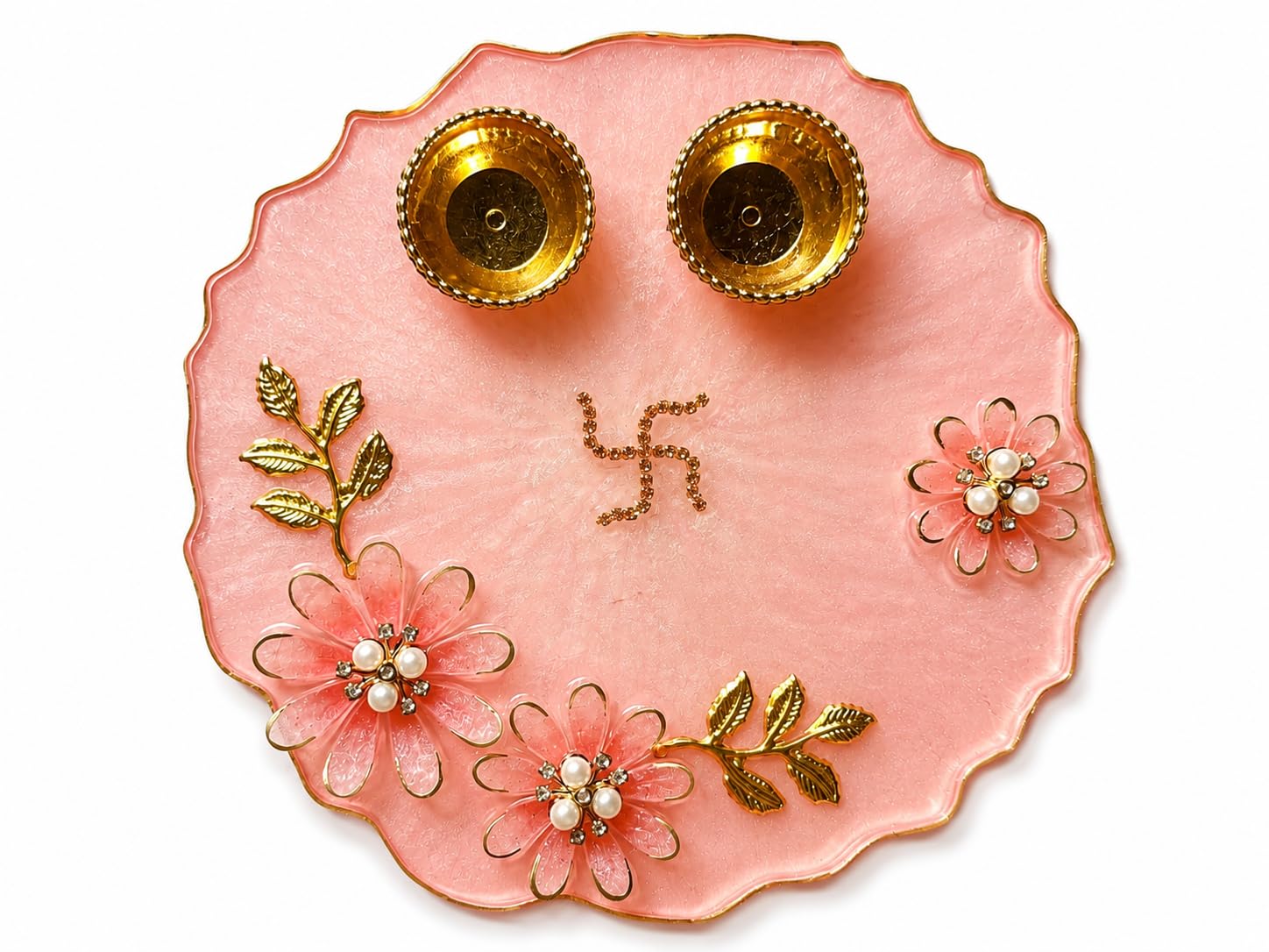 Resin Pooja Thali Set for Rakshabandhan with Gold Bowls(Peach, 6 inch)-image-15