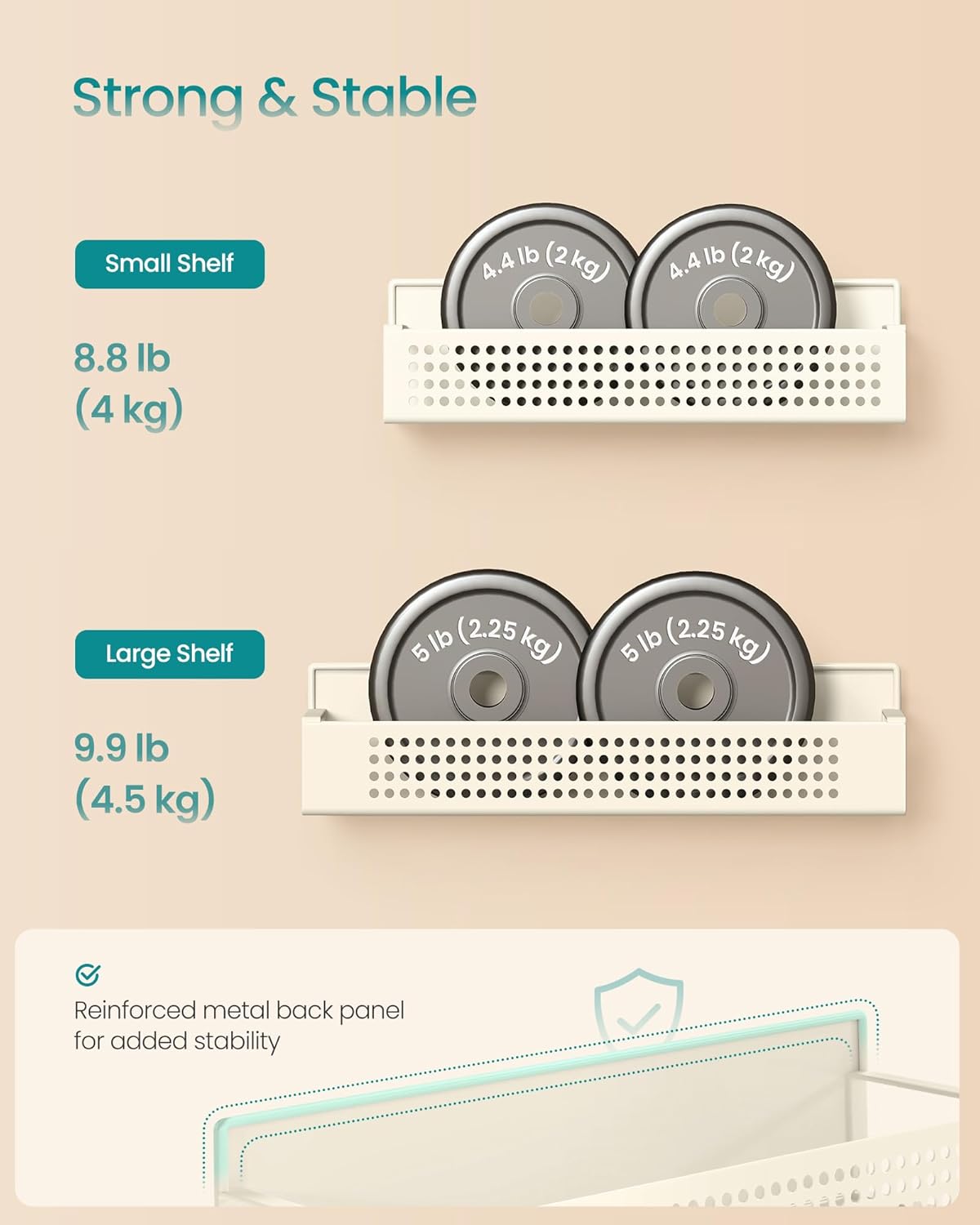 SONGMICS Strong Magnetic Spice Rack for Refrigerator, Set of 4, 2 Large and 2 Small Kichen Magnetic Shelves for Microwave, Washing Machine, Spice Organizers, No Drilling Needed, Cream White UKCS061W01