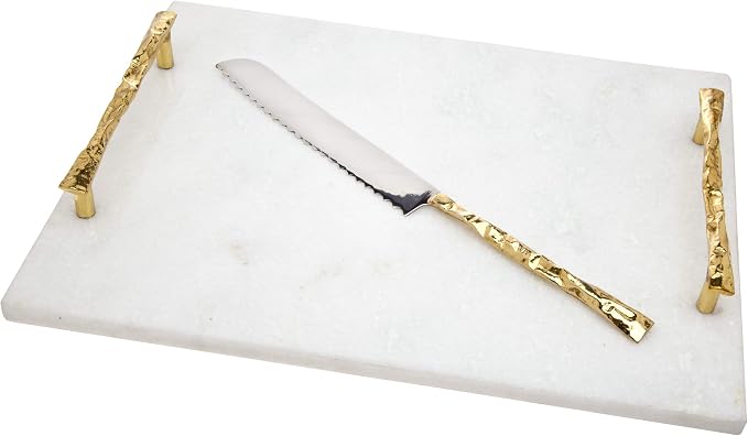 Godinger Marble Challah Board, Cutting Board, Carving Board with Gold Trim – Includes Knife
