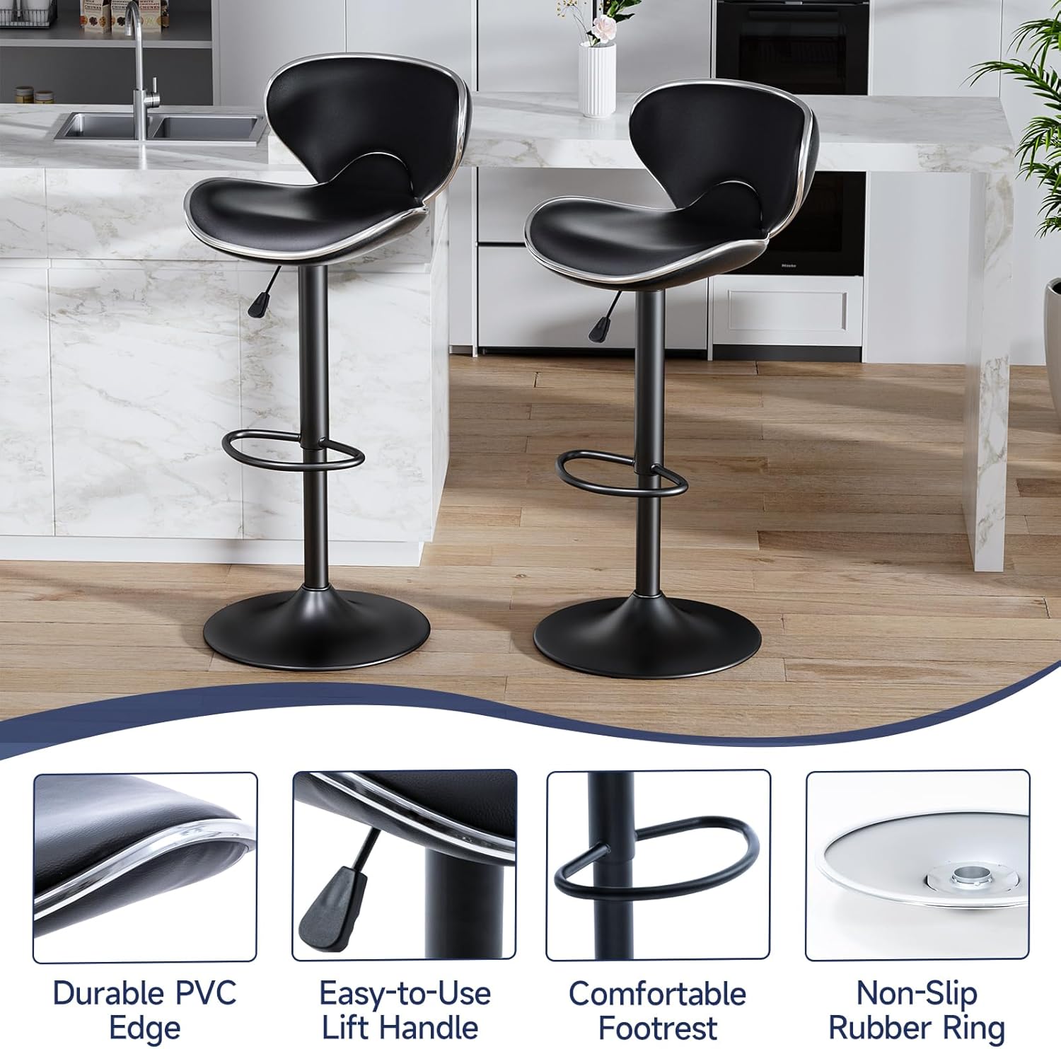 Bar Stools Set of 2, Adjustable Swivel Barstools, Modern PU Leather Counter Height Bar Chair with Back and Footrest for Kitchen Island Dining Room Café Pub (Black, Matte Black Base)