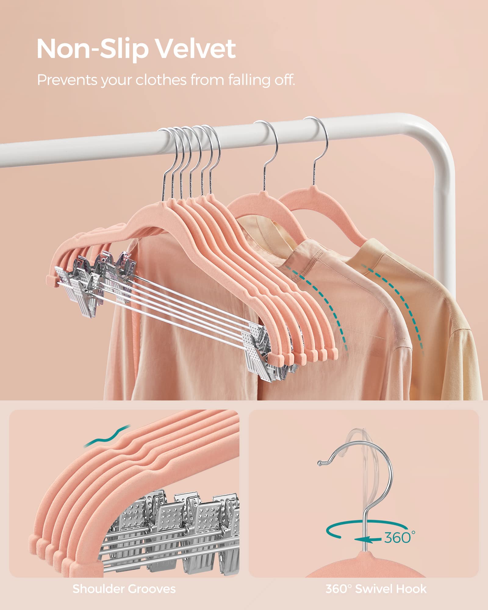 SONGMICS Paquete de 30 Perchas de Terciopelo de 16.7 Pulgadas de Largo con Clips Ajustables, Resistentes, Antideslizantes, Ahorro de Espacio para Pantalones, Faldas, Abrigos, Vestidos, Rosa Claro