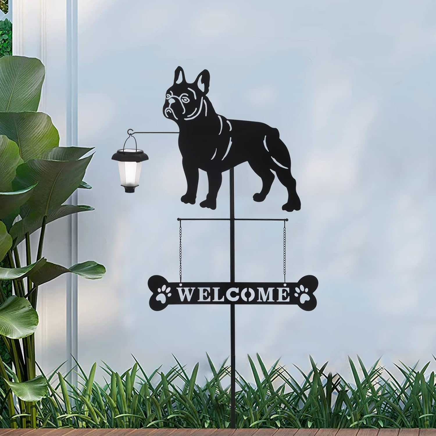 BAYN Solar French Bulldog Silhouette Dog Breed Welcome Sign with a Lantern Outdoor Decorative Garden Stakes for Yard, Lawn, Patio, Pathway - Image 6