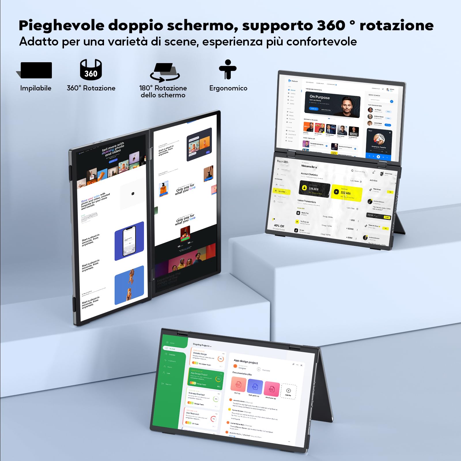 HONGO 15.6" Monitor Portatile, Doppio Schermo Portatile FHD 1080P, Folding Triple Monitor Supporto Wins/Mac con USB Tipo C, 100% sRGB Laptop Monitor Automatica di 180°/360° Nessun Driver Richiest