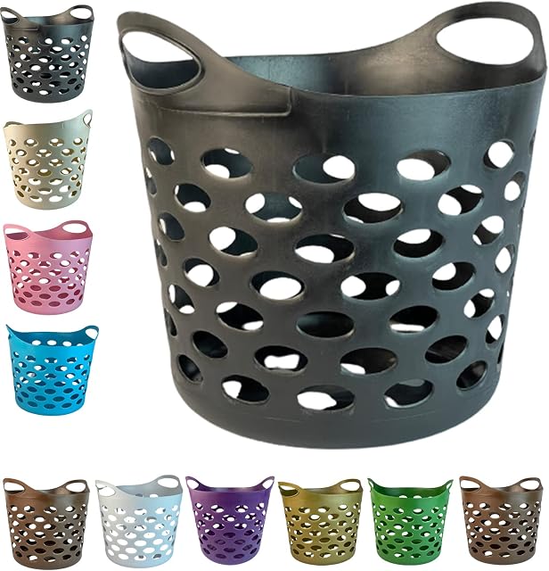 Plastic Laundry Basket With Handles Flexi Large Storage Round Hipster Hamper For Clothes Nursery & Home Organisation 13 Colours 30L (Black)