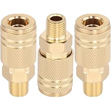 1/4 Inch Brass Male Industrial Coupler, 3 Pack Air Hose Fittings NPT Male Quick Connector Air Coupler with sealant for Professional Jobsites and Automotive Shops