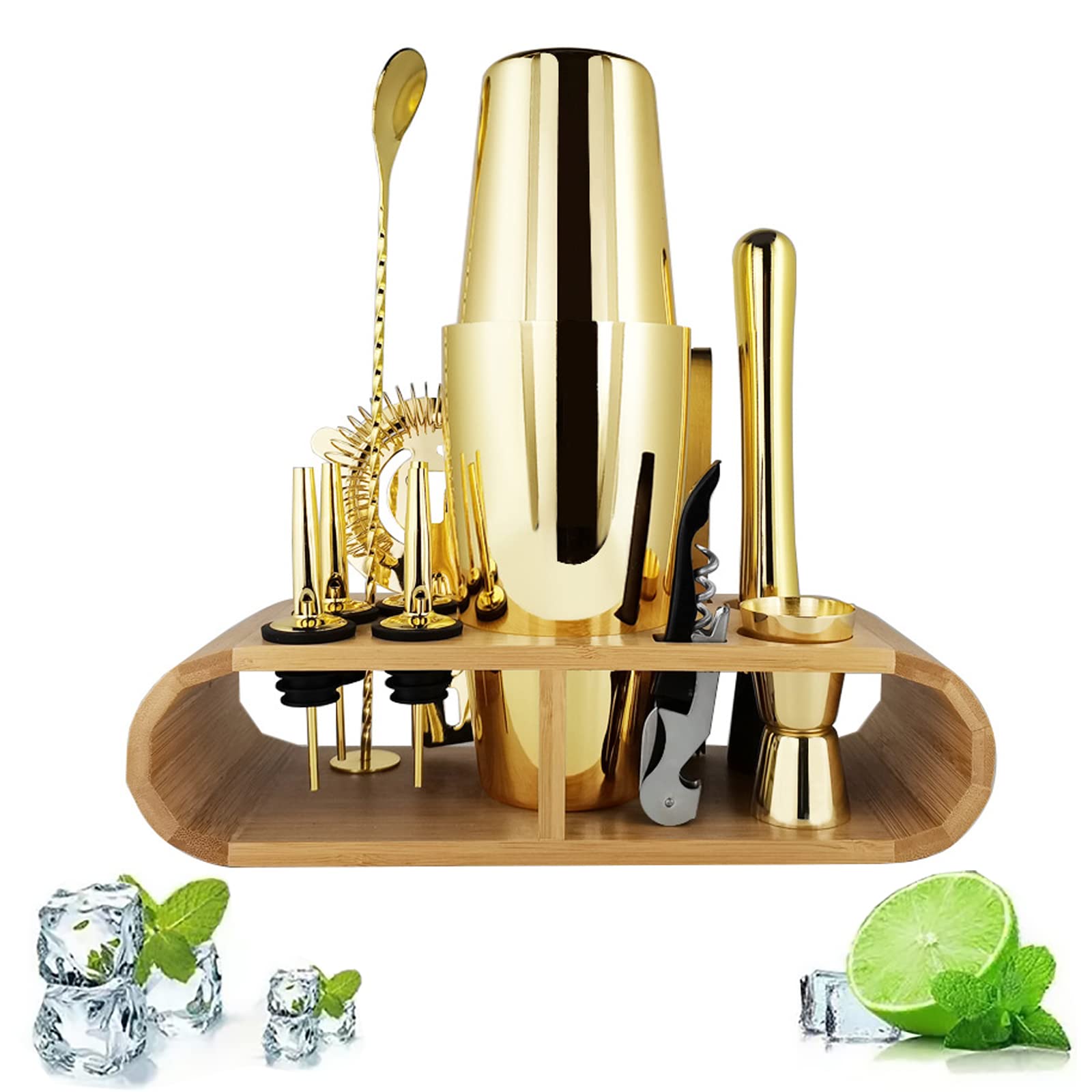 12-Piece Cocktail Shaker Bartender Set with Stand Detachable Design for Easy Storage, Stainless Steel Mixology Bartender Kit for Drink Mixing, Home, Bar, Party,Gold