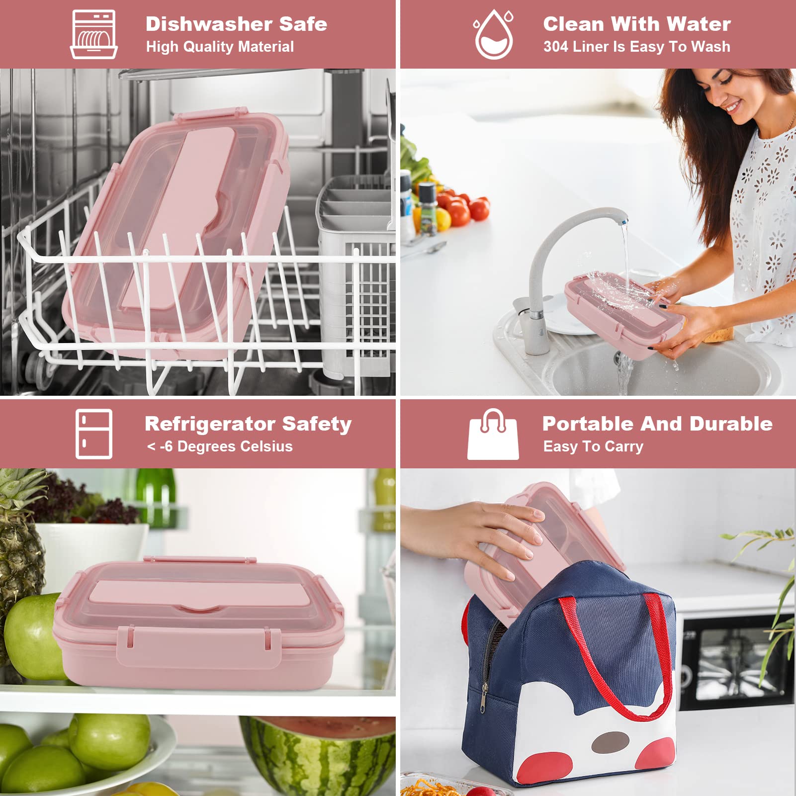 Edelstahl Lunchbox 3 Fächer Rosa - Auslaufsicherer Lebensmittelbehälter Für Büro & Schule