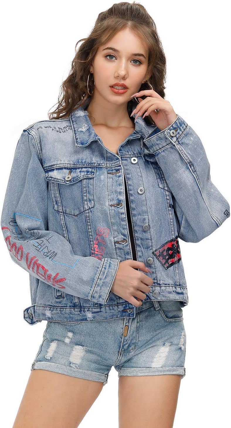 Dolcevida Women's Fashion Long Sleeves Jean Jacket Button Down Denim Coat for Teen Girls, Blue, X-Large