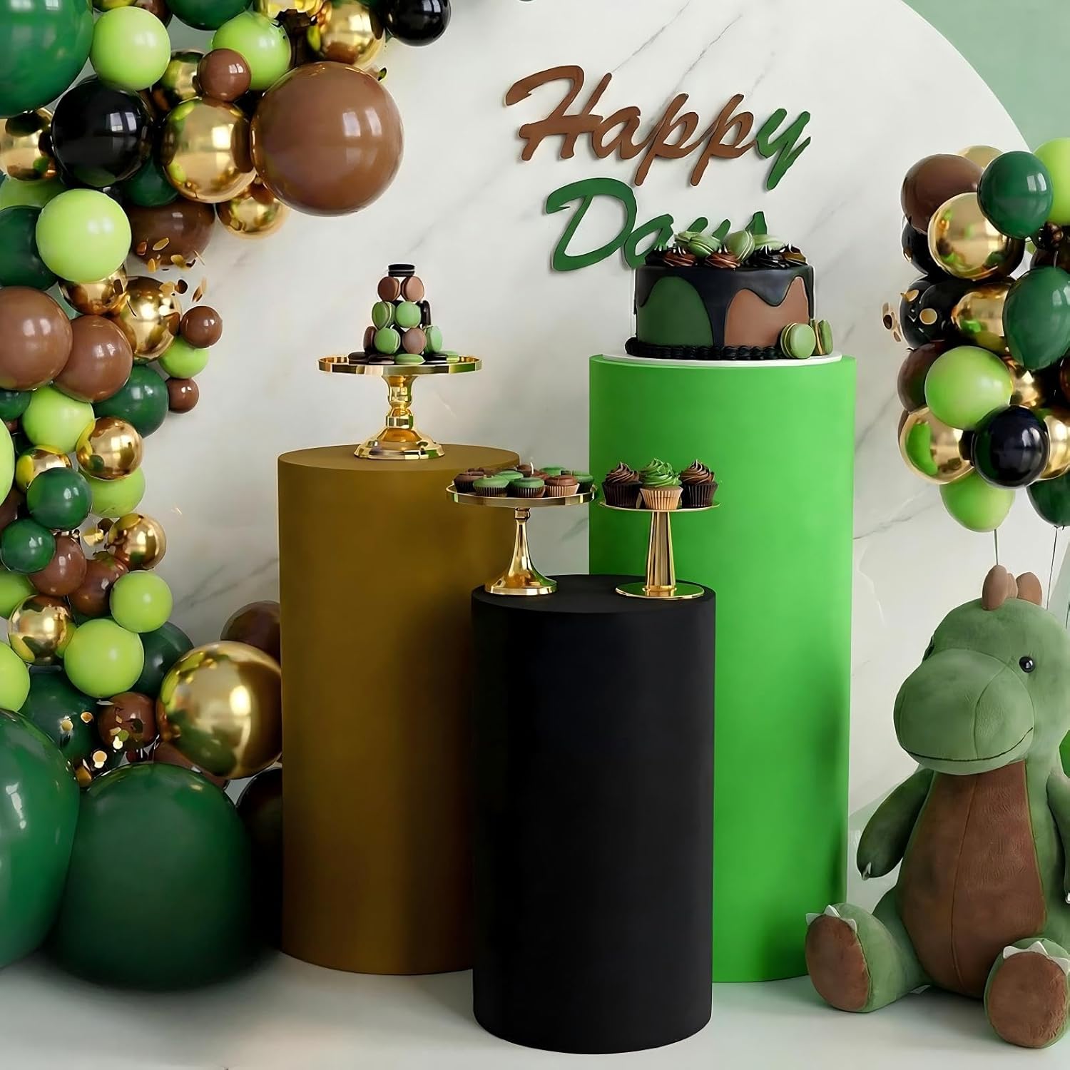 Tigeen 3 Pcs Cylinder Pedestal Stand Covers for Party Cylinder Pedestal Covers Decoration Elastic Pillars Plinth Display Cover for Birthday Wedding Baby Shower Table Decor(Classic,Gold and Black)