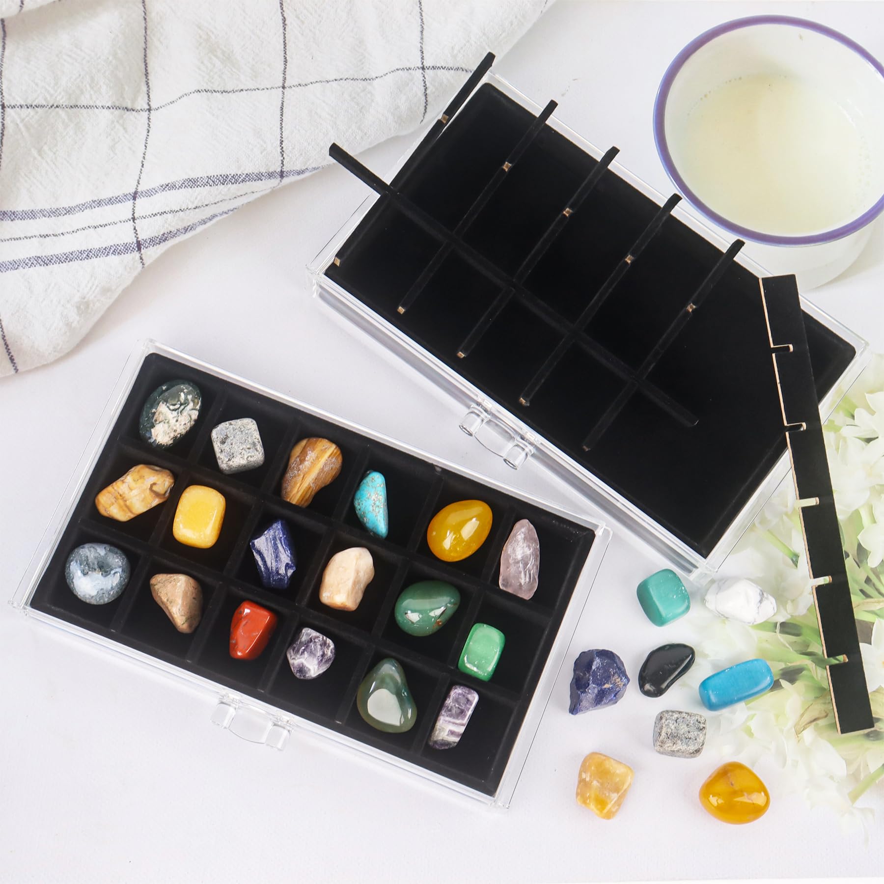 Vetrina per pietre, 5 cassetti, 90 scomparti, Box collezione Rock in acrilico, contenitore per piccole pietre, gemme, fossili, rocce preziose, collezione di gioielli (nero)