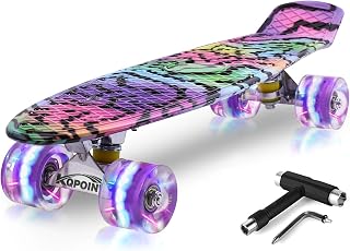 Skateboards, 22" Complete Skateboard, Mini Cruiser Skateboard for Kids Boys Girls Teens Beginners with Colorful Flashing Wheels Skate Tool