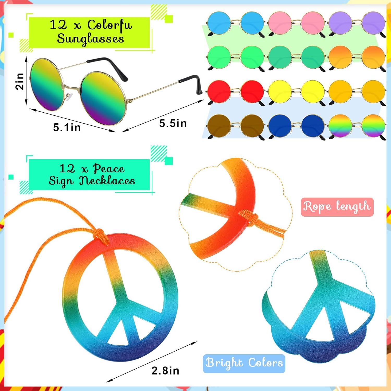 Kenning 36/72 Pcs Hippie Costume 60s 70s Peace Necklaces Daisy Headband Retro Sunglasses Tie Dye Headband for Men Women