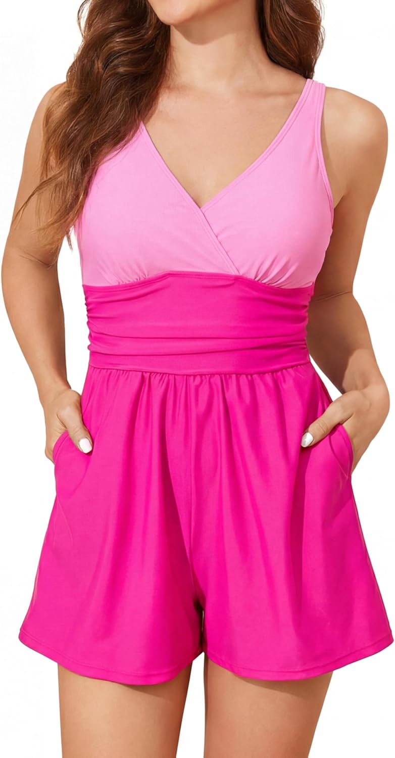 Smismivo Swim Rompers for Women Tummy Control V Neck Swimsuits with Shorts One Piece Modest Bathing Suits Full Coverage 2026