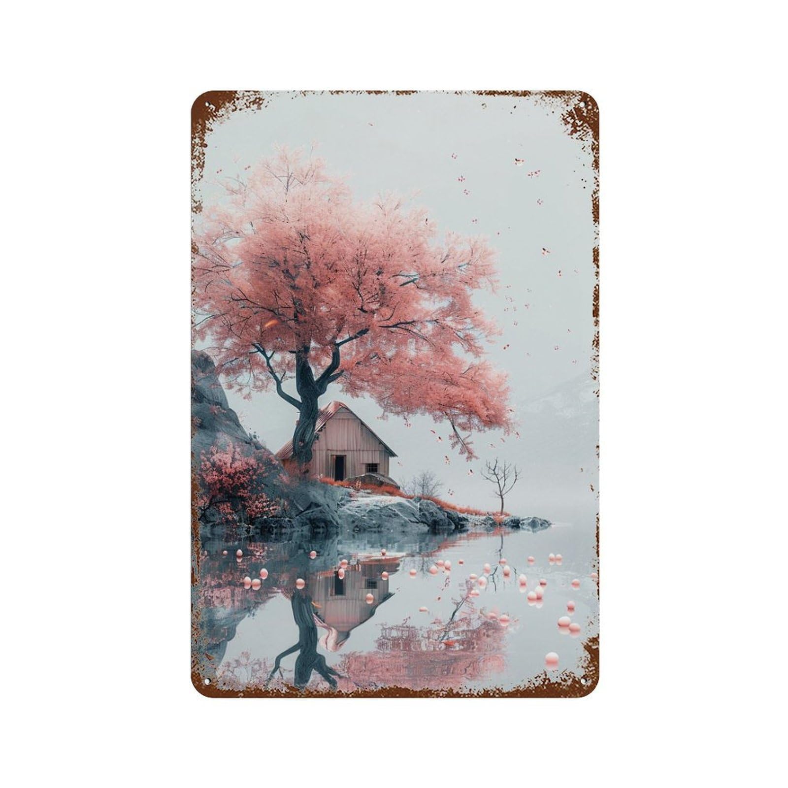 Cherry Blossom Serenity Lake House Rustic Tin Plaque 11.8"x7.9", Ideal for Office, Studio And Wall Decor