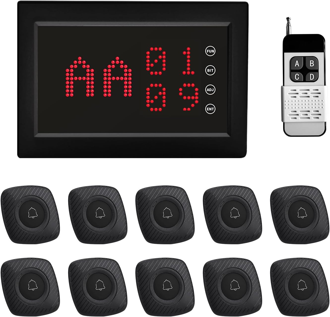 Wireless Calling System 1300ft Long Range Caregiver Call Button System 1 LED Display Receiver and 10 Emergency Button for Elderly/Hospital/Clinic/Bar/Resaurant (200DB+Button(M1BB)-10)