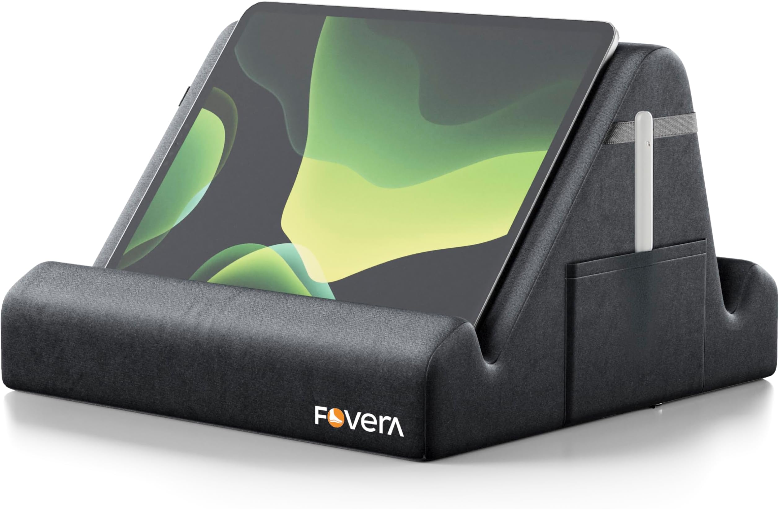 FOVERA Tablet Pillow Stand | Soft Multi-Angle Lap Stand for 7-13” Tablets & Phones | Hands-Free Tablet Stand for Bed, Sofa & Travel | Lightweight, Portable with Side Pockets (Dark Grey)