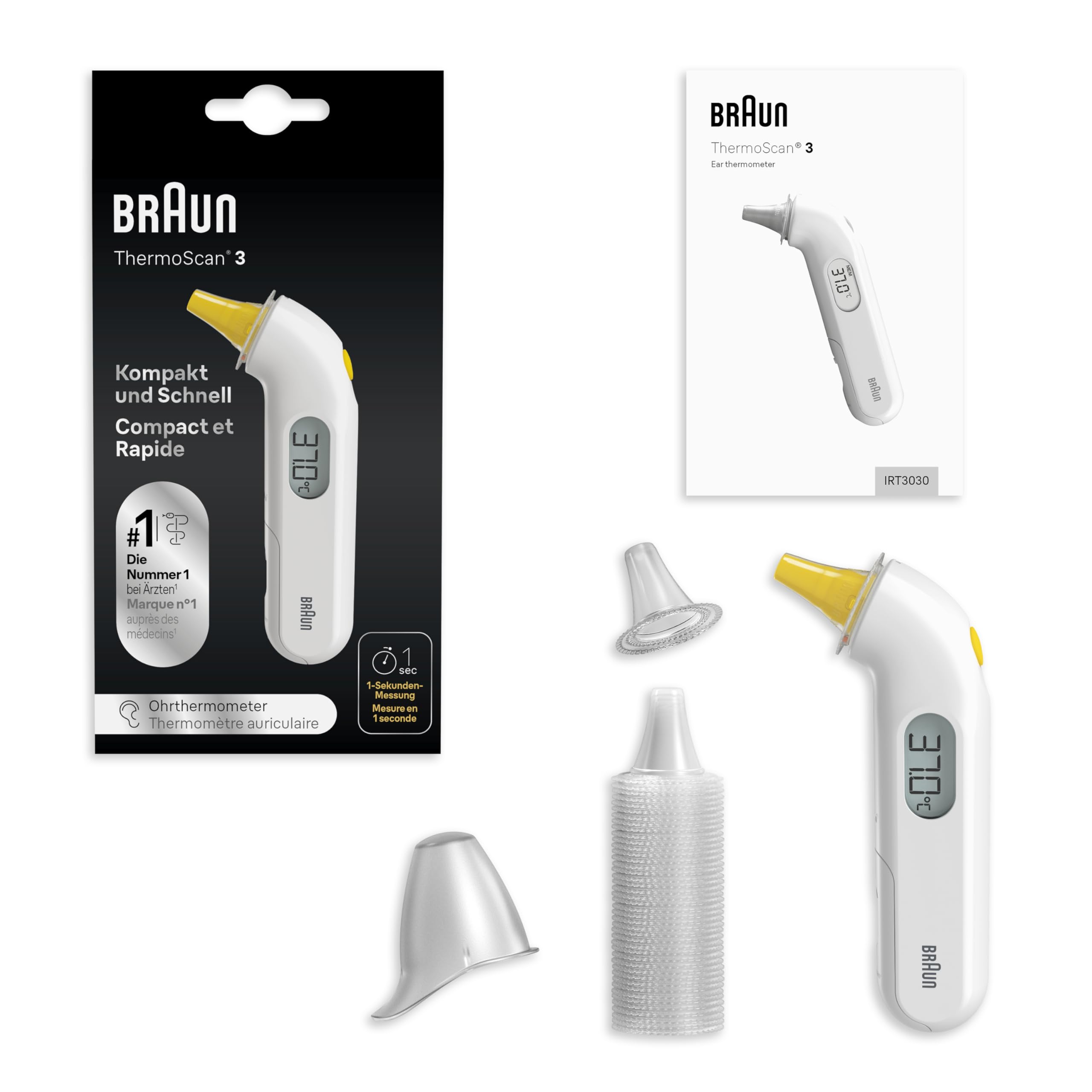 Braun ThermoScan 3 Thermomètre auriculaire | Mesure rapide en 1 seconde | Indicateur sonore de fièvre | Convient aux bébés et aux nourrissons | Marque #1 auprès des médecins(1) | IRT3030