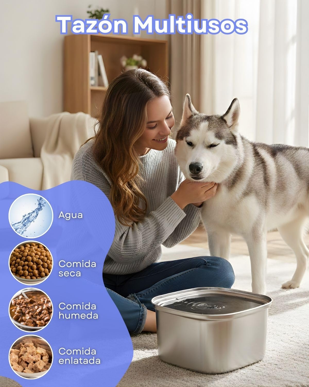 Bebedero Perro - 3L de Capacidad - Antigoteo, Antisalpicaduras y Antivuelco - Acero Inoxidable -Antideslizante - Apto Interior y Exterior - Incluye Dispensador + 4 Rollos de Bolsas