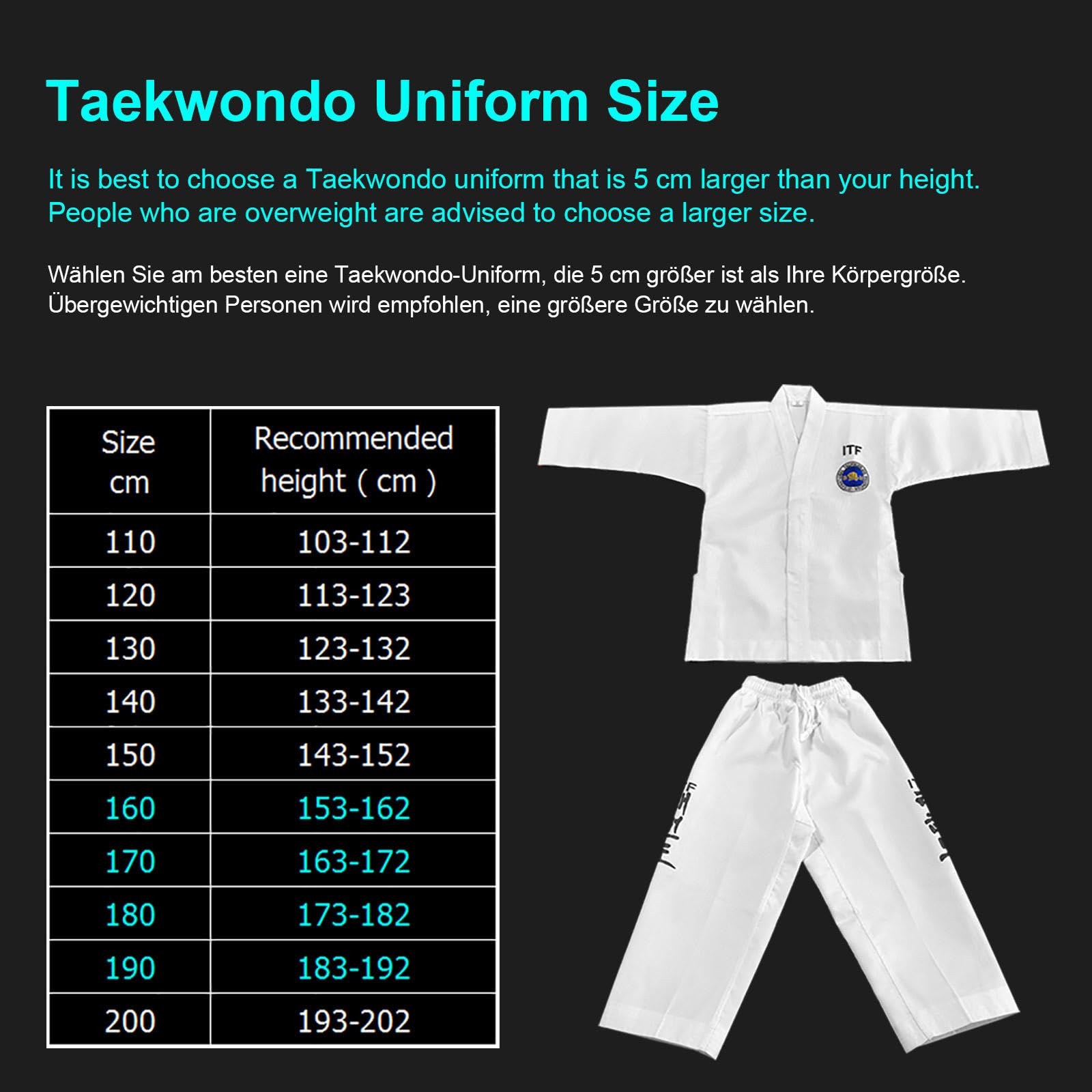 Kimono de Taekwondo ITF para Niños y Adultos, Karate Kimono con Cinturilla, Jiu Jitsu Ligeros Polialgodón, Entrenamiento Sparring Negro-180