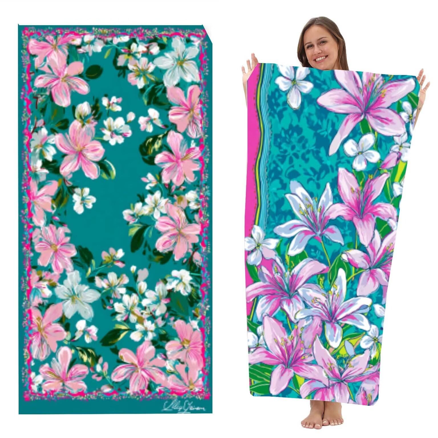 Serviette de Plage Microfibre 100x200 cm, Léger et Doux Anti Sable Séchage Rapide, pour la Plage, Les Voyages, Les piscines Intérieures ou Les saunas, Serviette Hommes 2 PC (Peinture De Fleurs) z-656