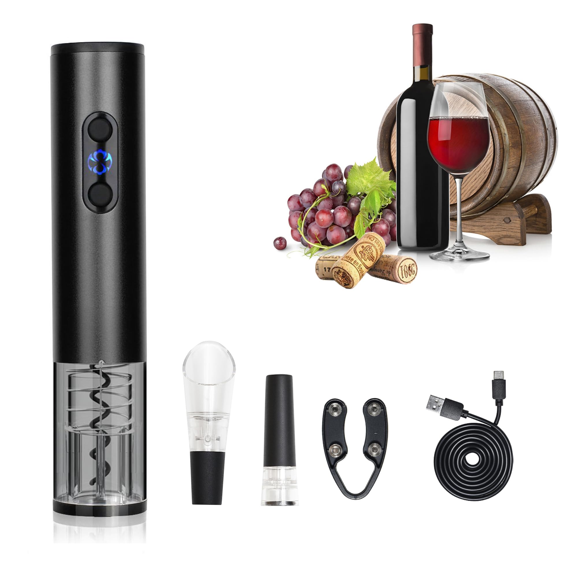 Hotool tire bouchon electrique rechargeable, ouvre-bouteille électrique avec coupe-feuille, bouchon de vin, aérateur de vin et câble de charge USB-C, idée cadeau de noel pour homme papa grand pere