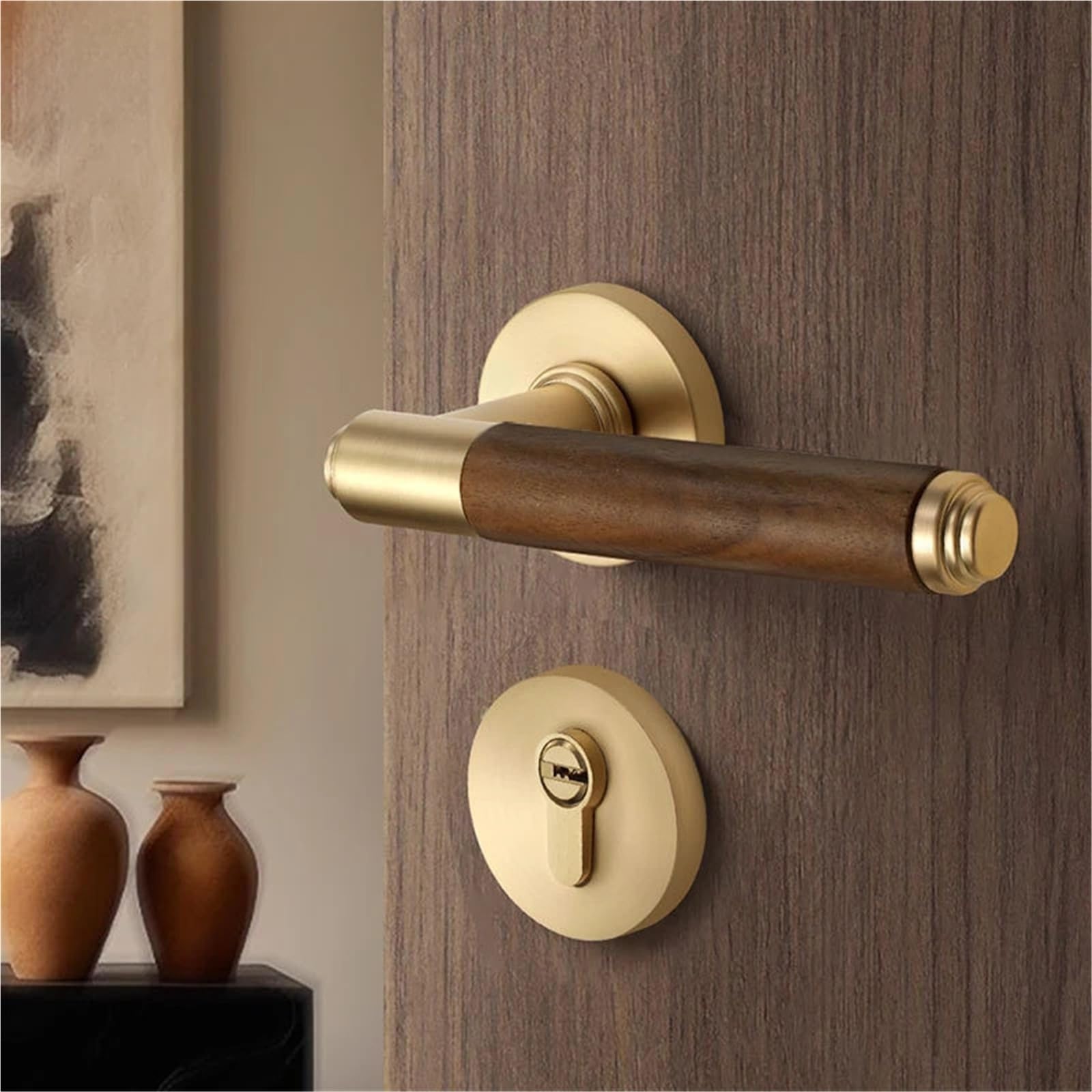 Compatible con cerraduras for puertas de madera de nogal, manilla de estilo retro for dormitorios con función silenciosa for puertas interiores.(Brushed copper A)