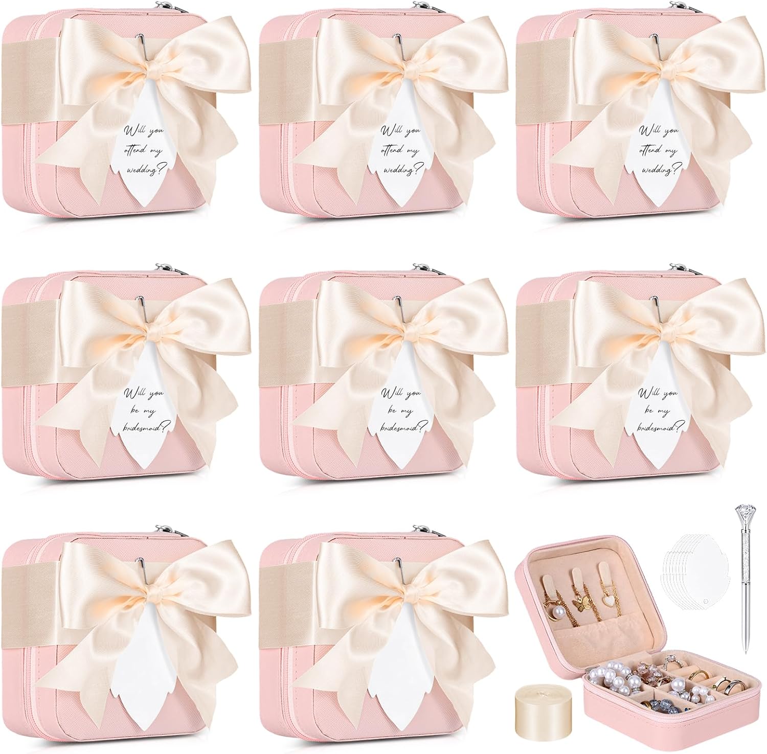 8 Pcs Bridesmaid Proposal Jewelry Box Bridesmaids Proposal Gift Boxes Jewelry Travel Case with 8 Message Cards, 8 Pins,Women Bridesmaids Wedding Gifts Earring Ring Accessories Storage Organizer(Pink)