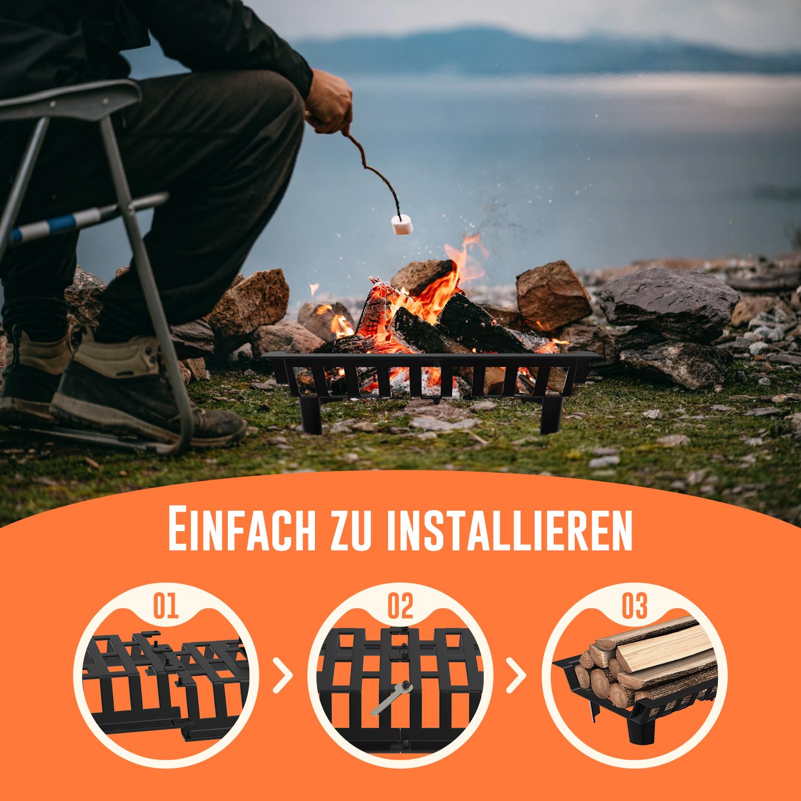 Kaminrost Kaminholz Kaminholzständer 46 x 31 x 13 cm Gusseisen Kaminroste Stabiles feuerrost mit Füßen Metall Feuergitter Kaminholzständer für Innenkamine, Camping im Freien