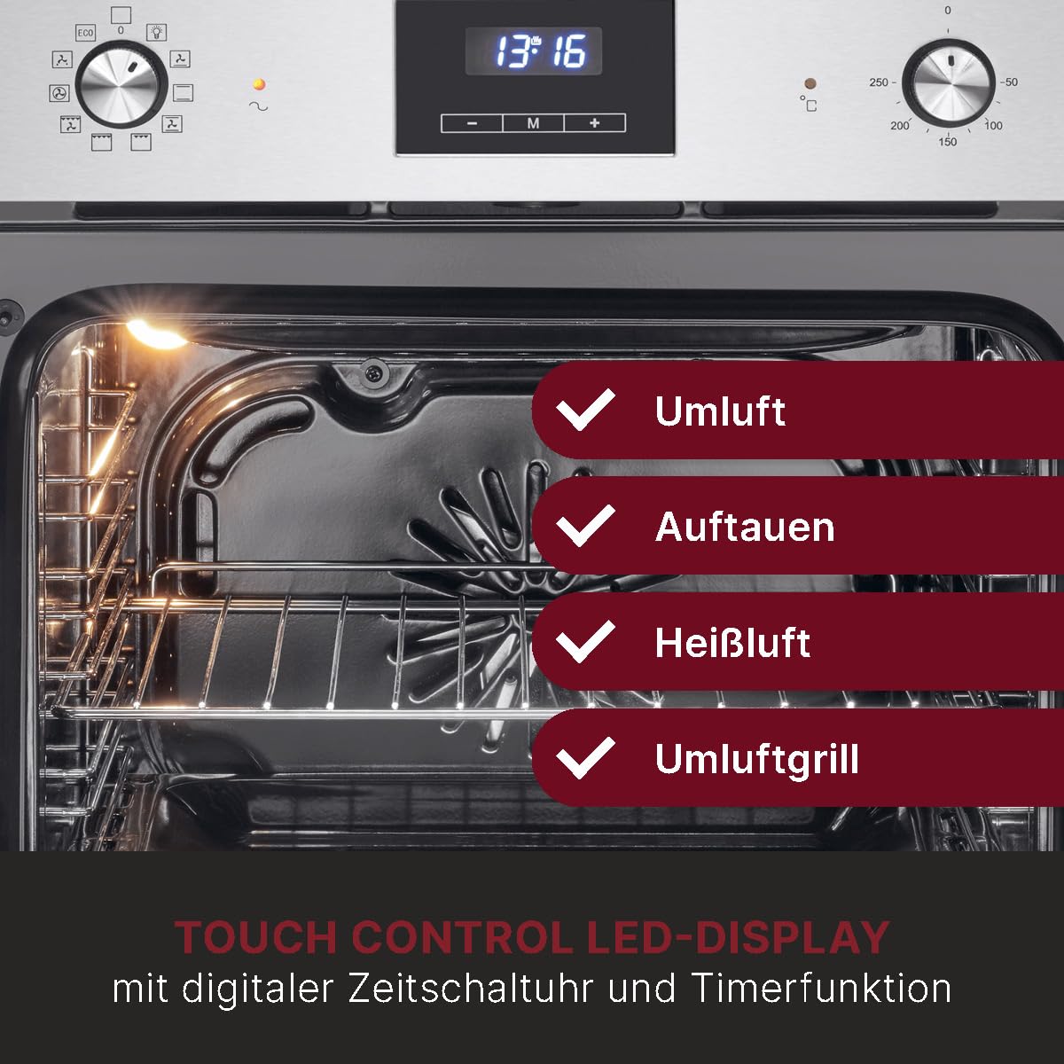 Bomann® Einbaubackofen mit Grill | Heißluft & Ober-/Unterhitze | Backofen 56L | Ofen mit 50°C - 250°C Bereich & Touch Control | Oven mit 9 Backofen-Funktionen & aushängbarer Tür | EBO 7911 inox