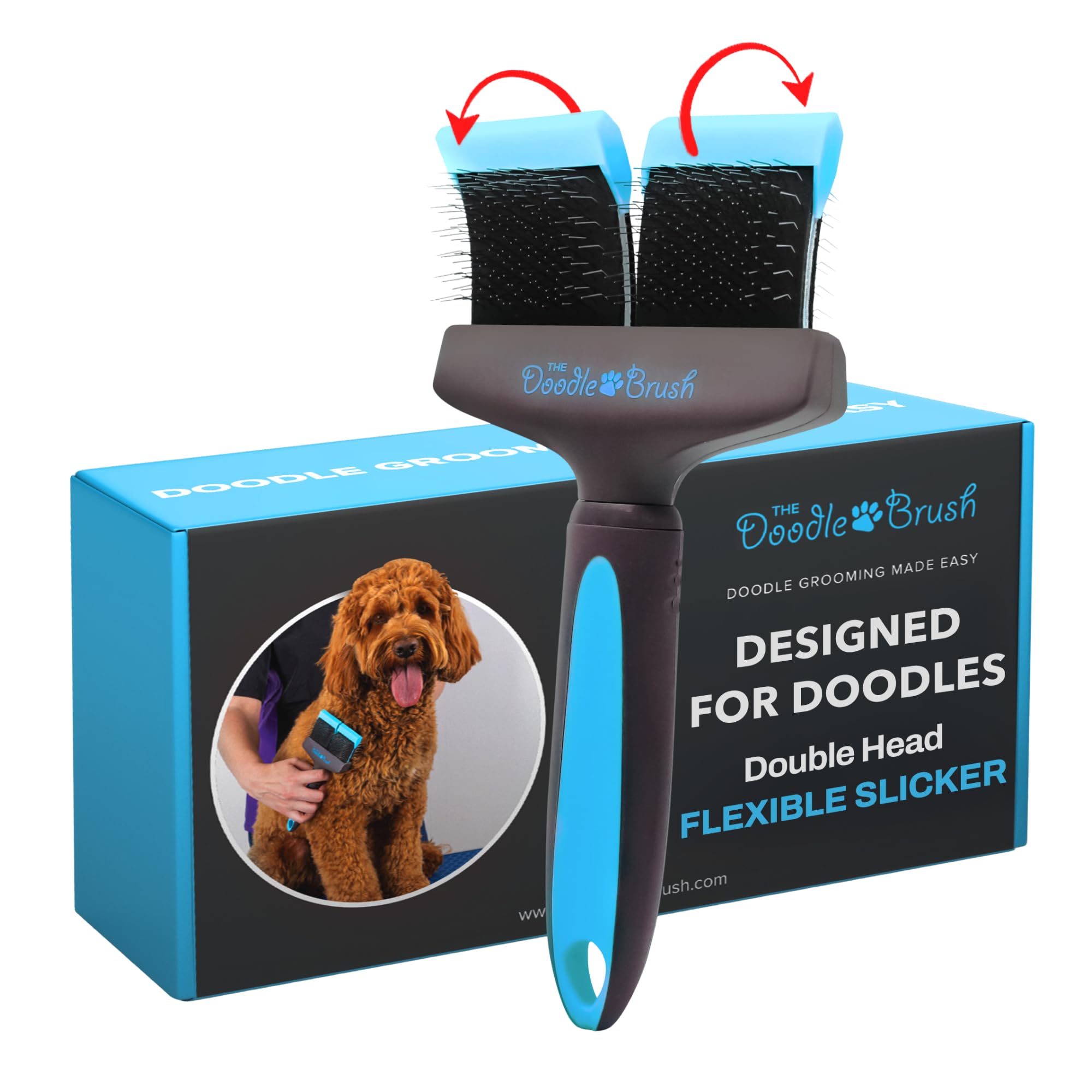 The Doodle Brush Brosse Lissante Double Tête pour Chiens Slicker | Démêle les Nœuds, Longues Épingles, Tête Flexible, Manche Ergonomique, Pour Doodles, Toilettage Quotidien
