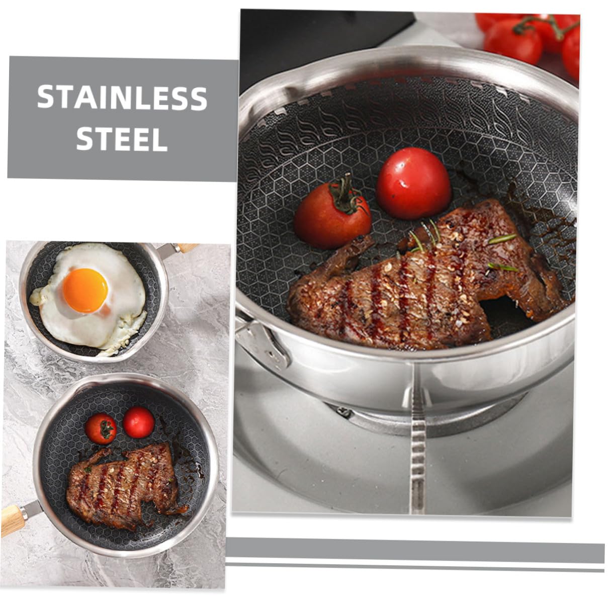 iplusmile Padella Antiaderente in Acciaio Inossidabile Con Manico in Legno Fondo Piatto e Rivestimento a Nido D'alveare Per Fritture Leggere Adatta Piani Induzione Gas Ed Elettrici Per Uova