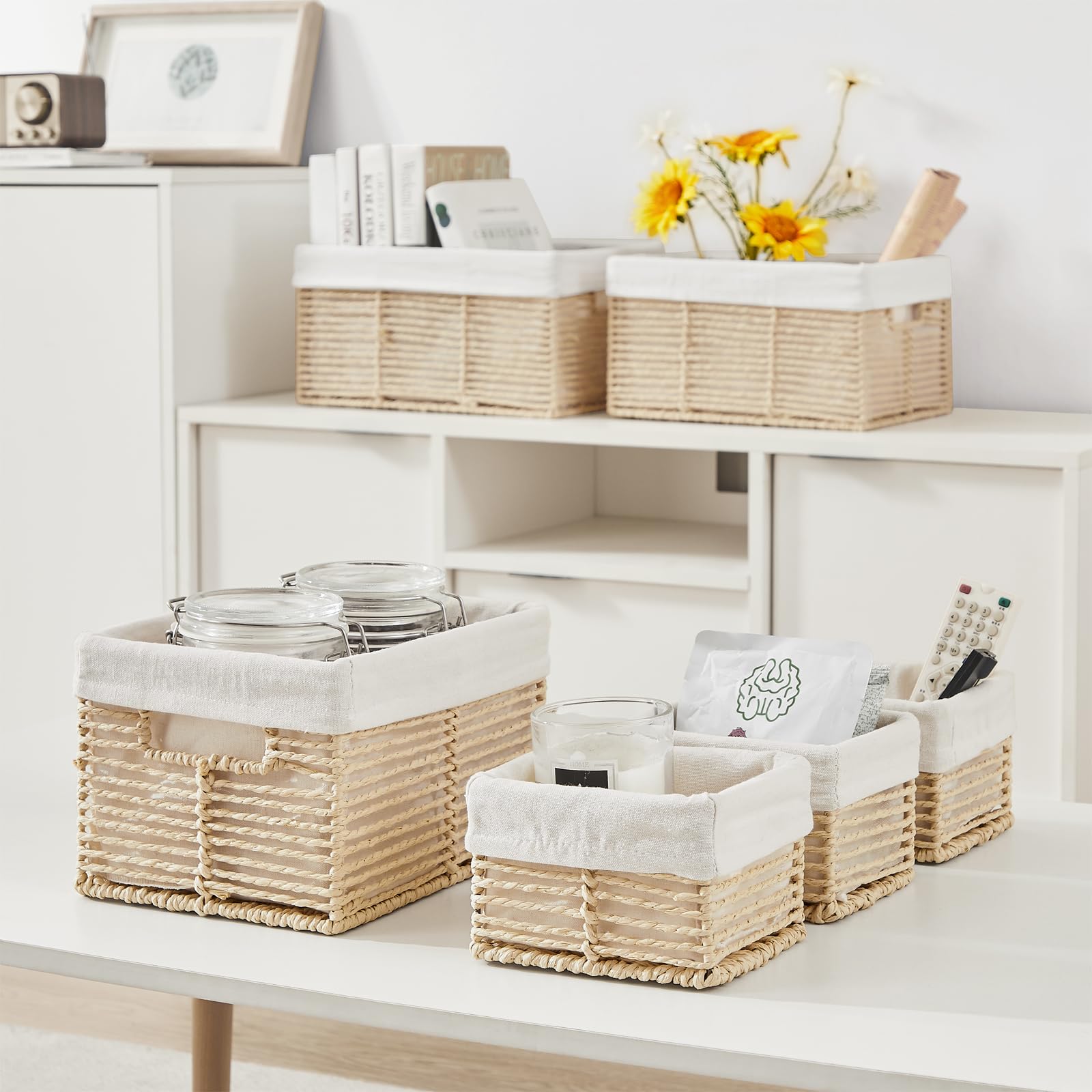 Vagusicc Aufbewahrungskorb mit Tragegriffen, 6 Stück Handgewebte Korb Aufbewahrung Deko Boho Körbchen, Geschenkkorb leer aus Recyclebarem Papierseil für Schlafzimmer, Badezimmer, Wohnzimmer, Beige
