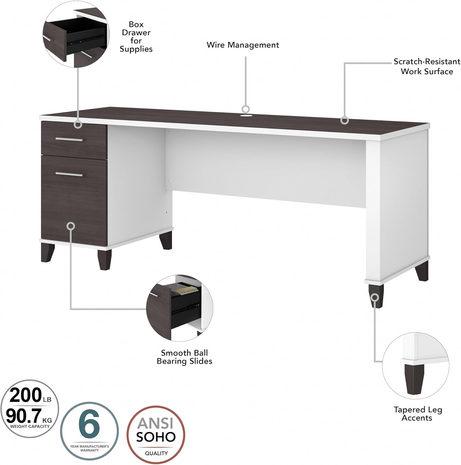 Bush Home 72-inch Home Office Desk with Drawers, Large Computer Table for Personal Workspace, Somerset Collection, White and Storm Gray