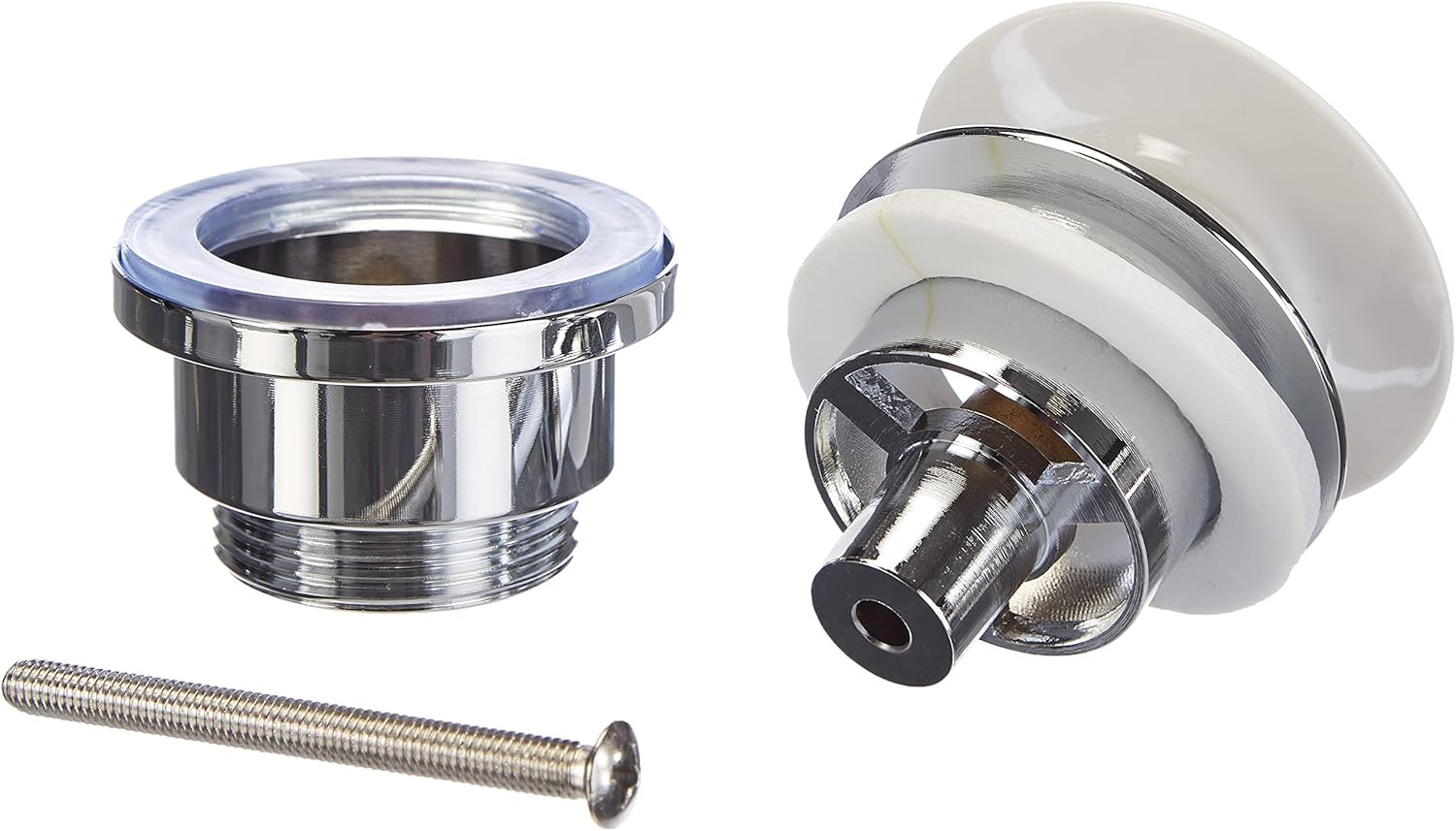 Disassembled Ibergrif M20509W basin waste components: chrome waste body, white ceramic pop-up stopper, and fixing screw.