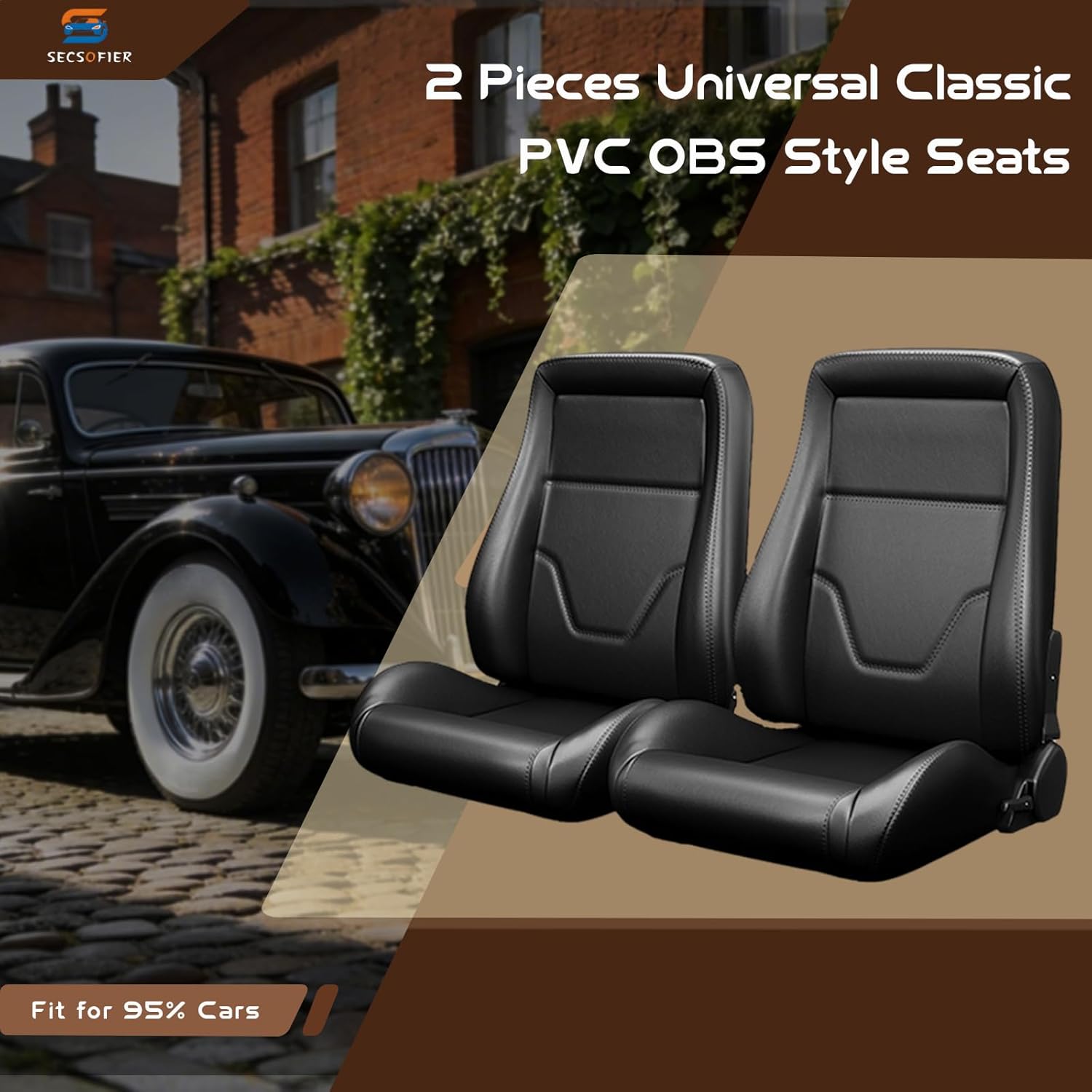 2 Pieces Universal Racing Seats with Dual Lock Sliders, 1 Pair PVC Leather Bucket Seats for Cars, Adjustable Car Seats, Driver and Passenger Side (OBS Black A)