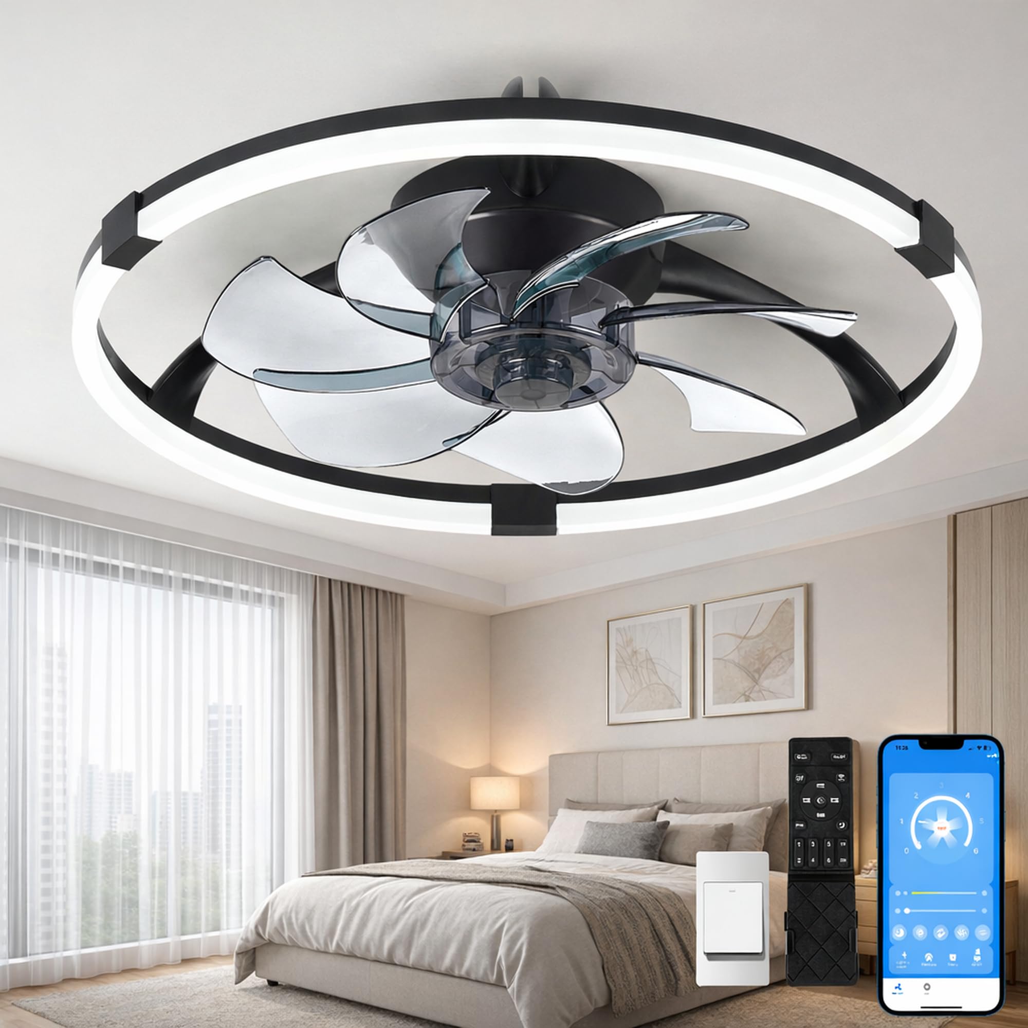 Low Profile Ceiling Fan with Light for Bedroom, Flush Mount Ceiling Fans with Lights and Remote, 19.7'' Modern LED Ceiling Fan, 3000K–6000K Dimmable, 6 Speeds