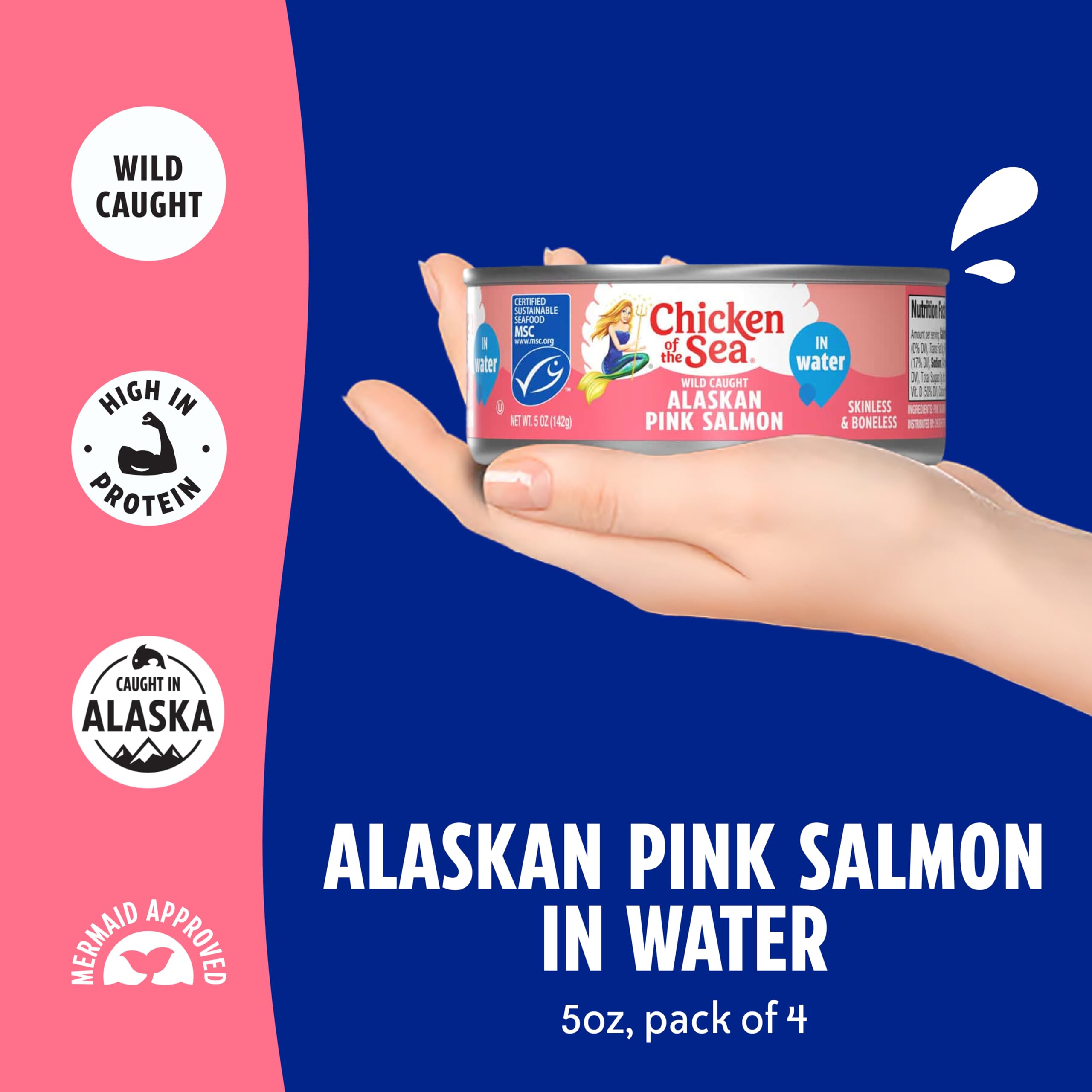Chicken of the Sea Alaskan Pink Dosenlachs in Wasser, 142 ml Dosen, 4 Stück – proteinreicher haut- und knochenloser Wildlachs – köstlicher Wildlachs für Burger, Nudeln und mehr
