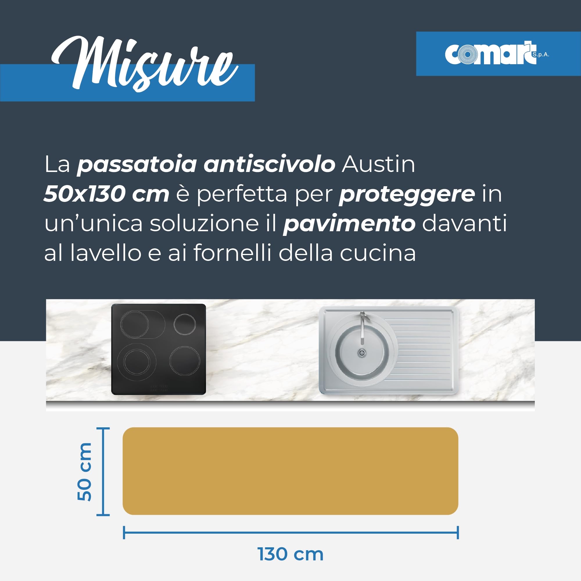 Comart - Tappeto Cucina Austin - Impermeabile - Antiscivolo - Antimacchia - Lavabile in Lavatrice - Passatoia in Poliestere - per Corridoio e Cucina - Made in Italy - Fiori Girasoli - 50x130 cm