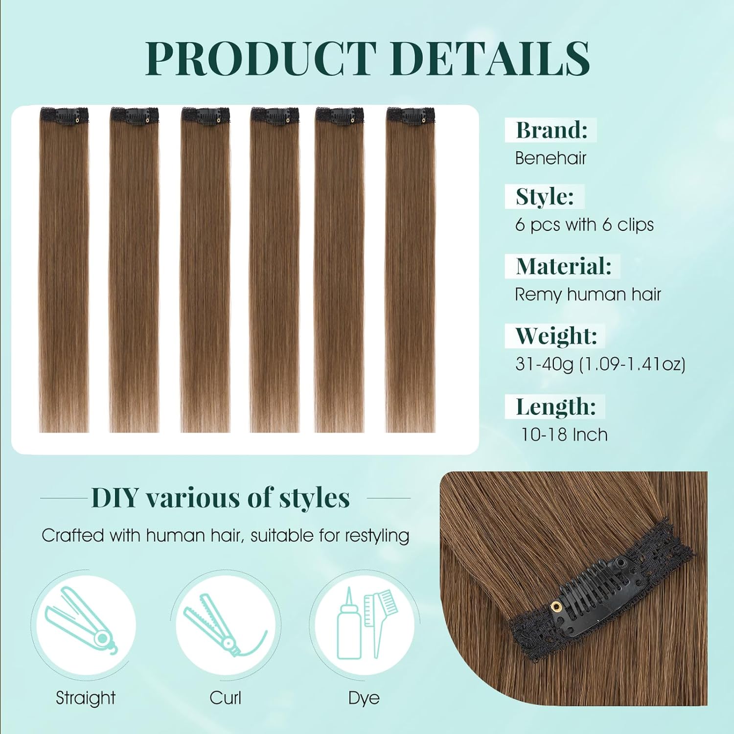 Benehair 6 PCS Clip in Short Hair Extensions 100% Real Human Hair Seamless & Invisible for Women Instant Volume Highlight Length for Daily Use 10'' Medium Brown#04