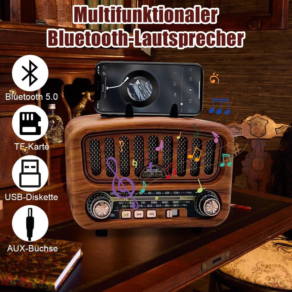 AM/FM/SW Retro Radio mit Bluetooth 5.0, Nostalgie Radios Klein mit 1800mAh Akku, Küchenradio & Kofferradio mit 5-W-Lautsprecher, Unterstützt USB/TF/AUX, Vintage Radio für Zuhause, Büro, Outdoor