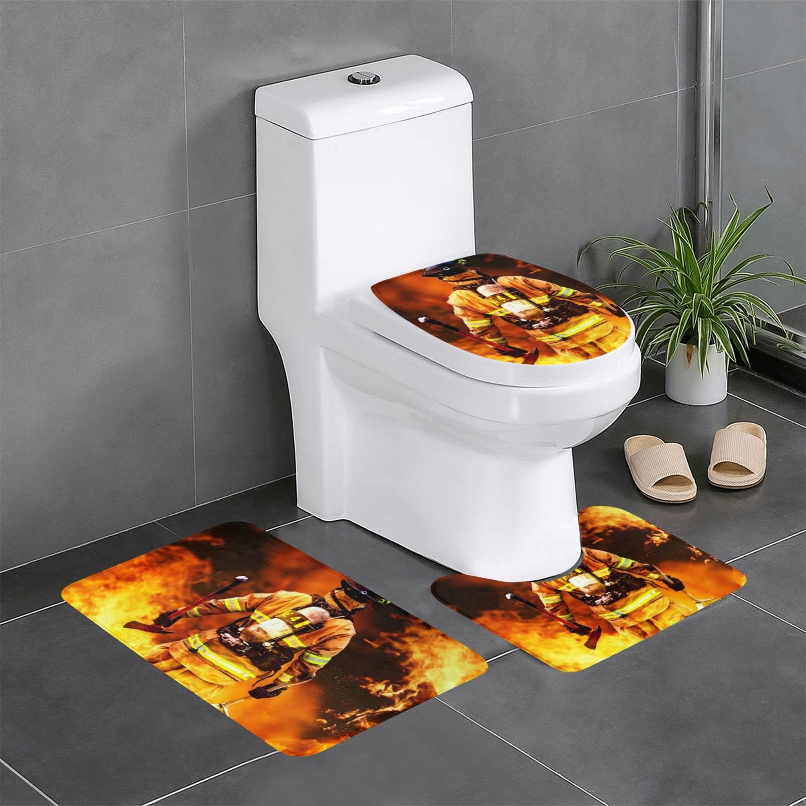 Tapis de bain antidérapant motif pompier ensemble 3 pièces sécurisé pour wc