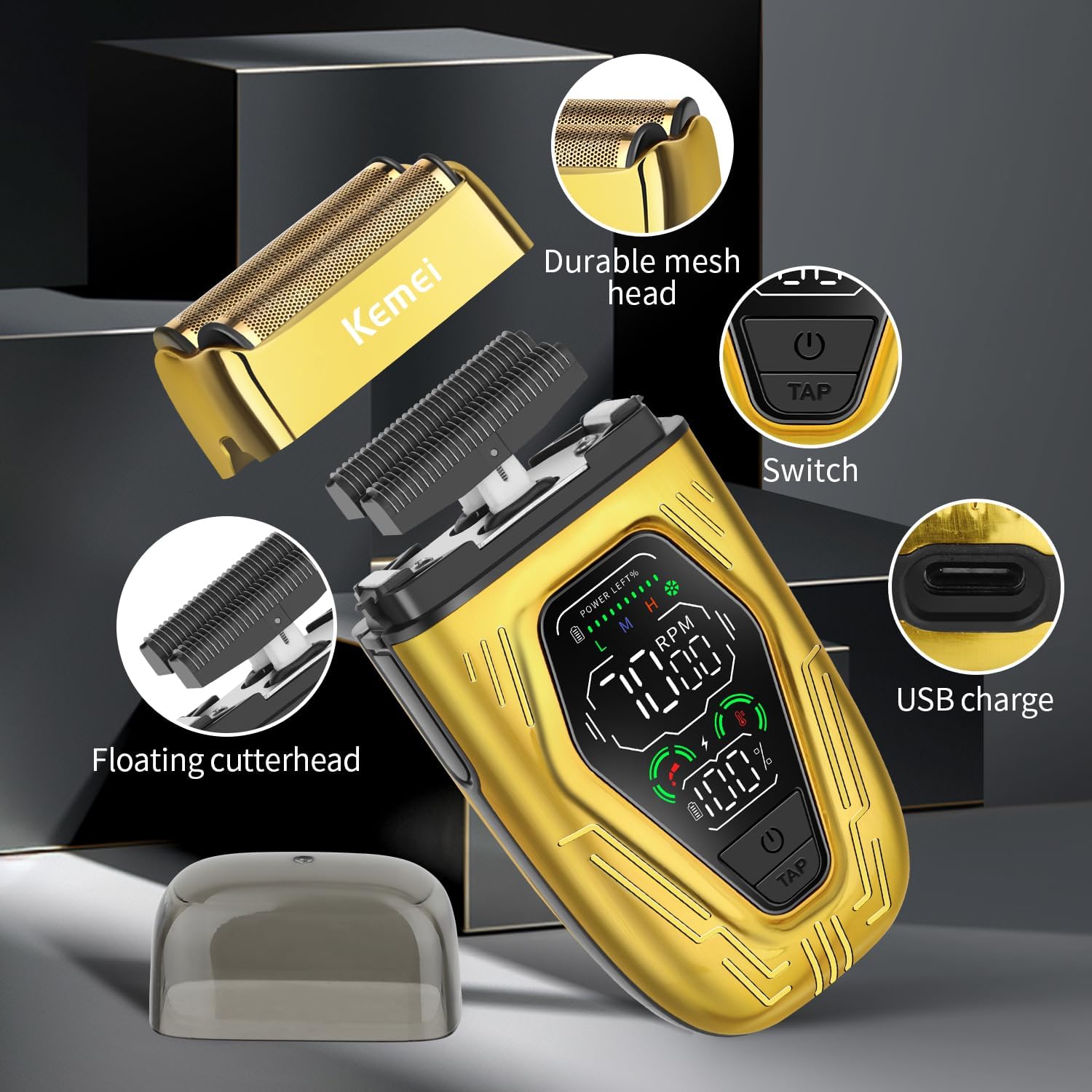 KEMEI KM-T360 Professional Foil Shaver, Barber Shaver with LED Display, Electric Razor for Men USB-C Rechargeable, Wet & Dry Electric Shaver with Detachable Dual Blades