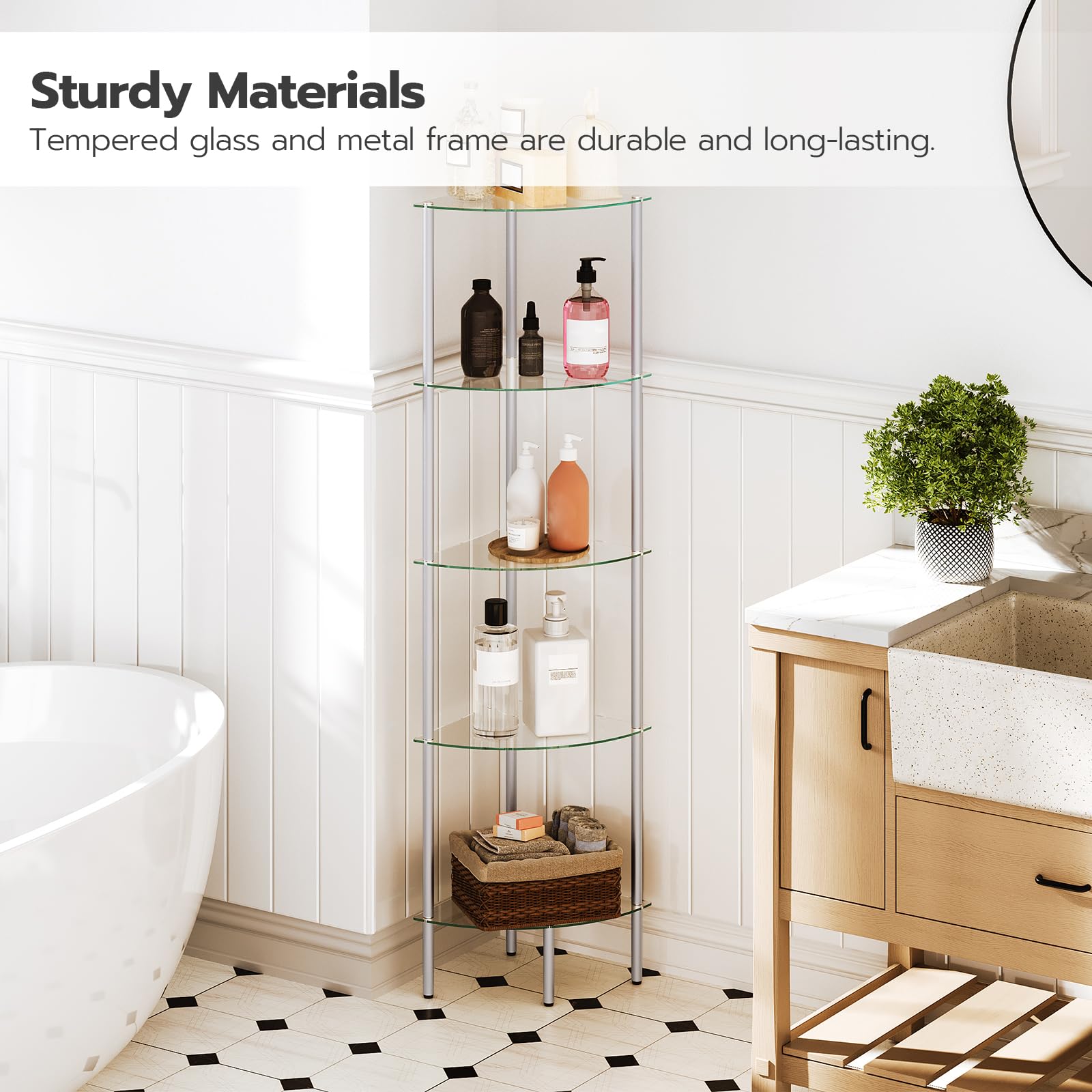 HOOBRO Corner Shelf, 5-Tier Standing Shelf Unit, Freestanding Glass Bathroom Shelf, Space Saving, Modern Style, for Bathroom, Living Room, Bedroom, Study Room, Silver SV07CJ01