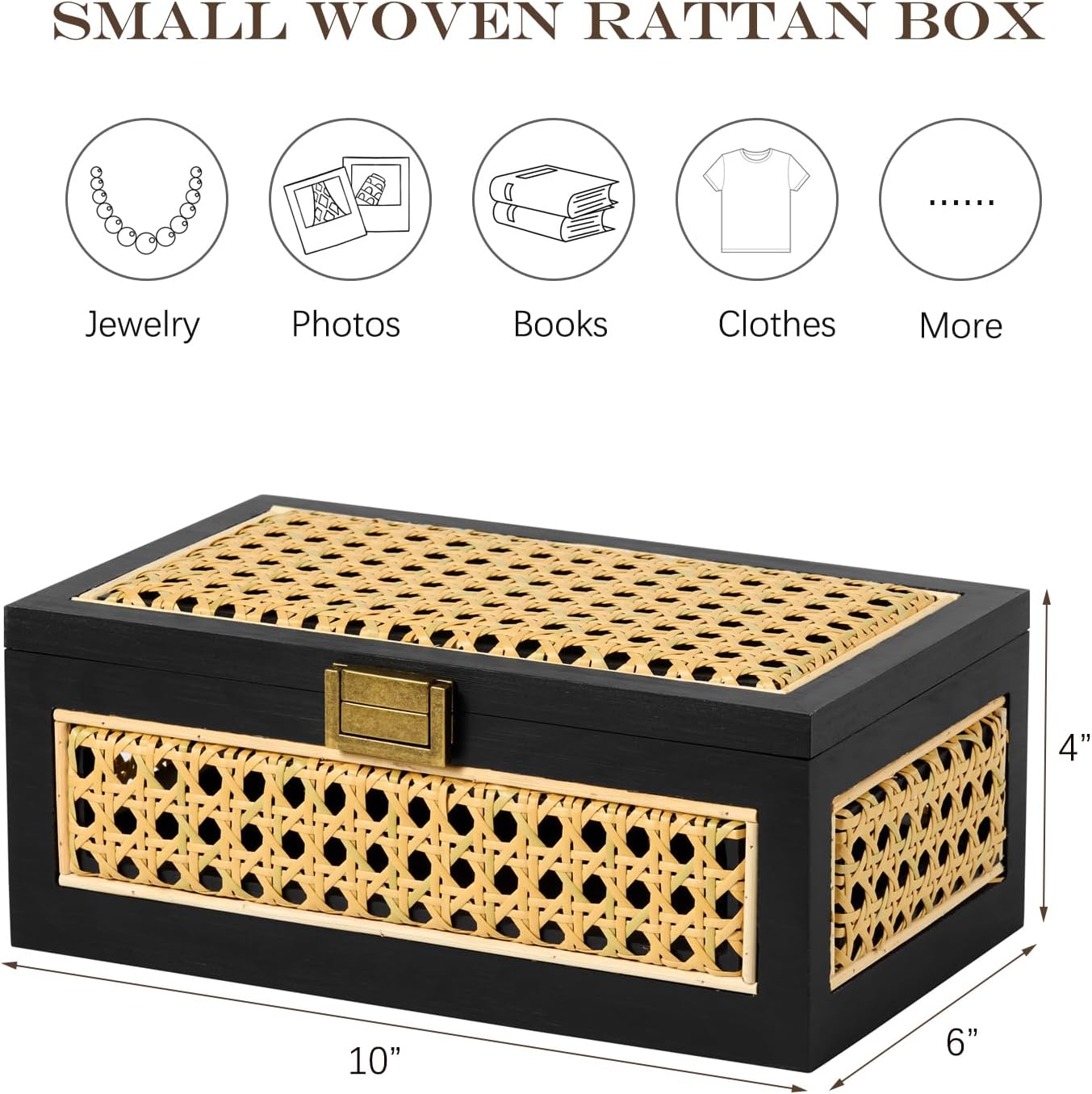 Rattan Storage Boxes Decorative Handmade Natural Wood Baskets with Lid Wooden Frame Boho Rustic Wicker Box Stacking Woven Cane Bins Shelf Closet Desk Organizer Container (Black, Small)
