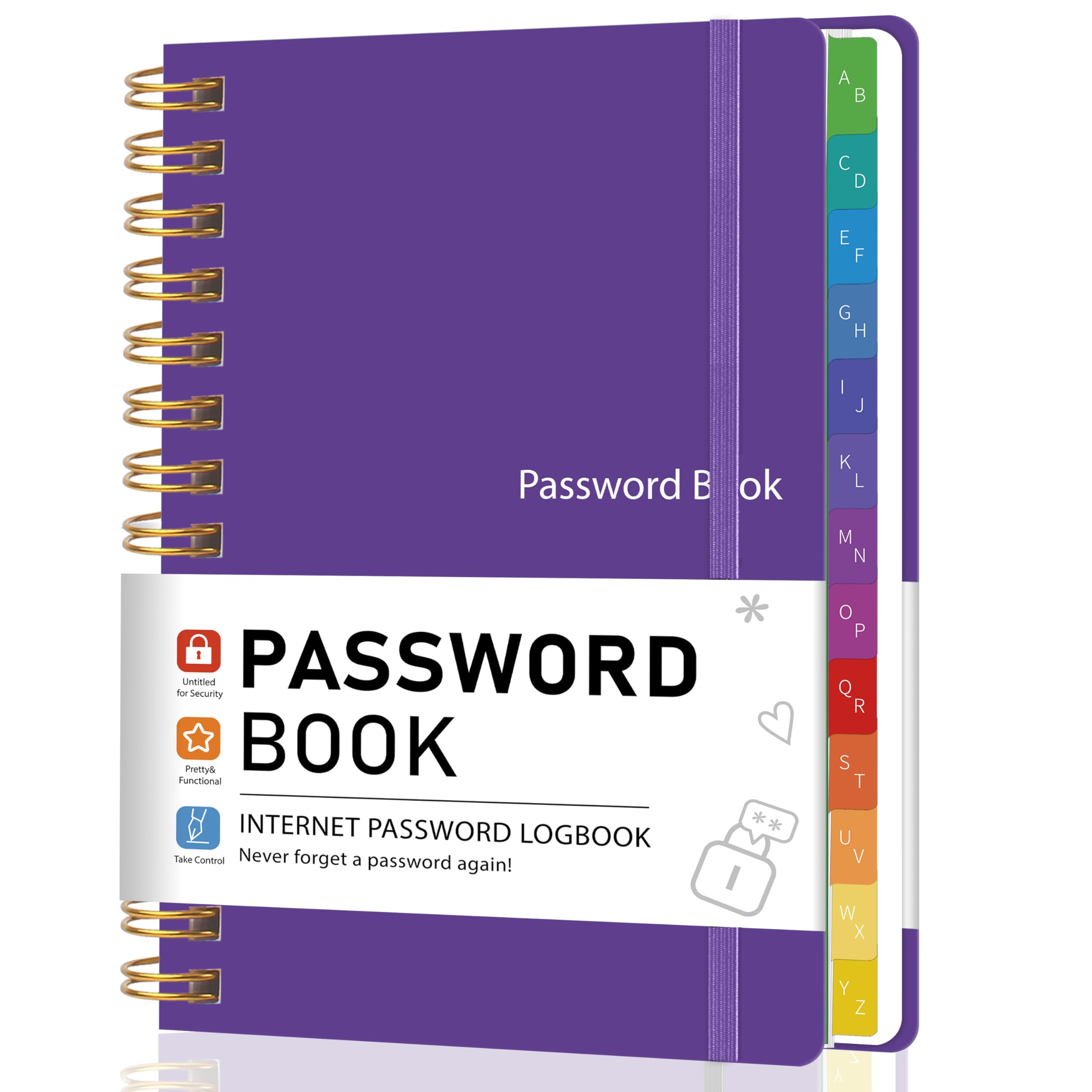 Password Book with Alphabetical Tabs, Spiral Hardcover Password Keeper Book for Seniors, 5.8" X 8.2" Medium Size Password Notebook, Individual & Colorful Tabs, Purple