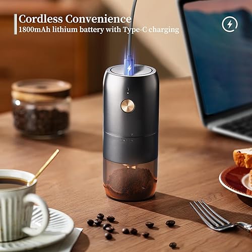 Miniatura 4 de ELMWAY - Molinillo de café eléctrico portátil con rebabas de acero inoxidable y ajuste de grosor interno, compacto para viajes y uso doméstico,