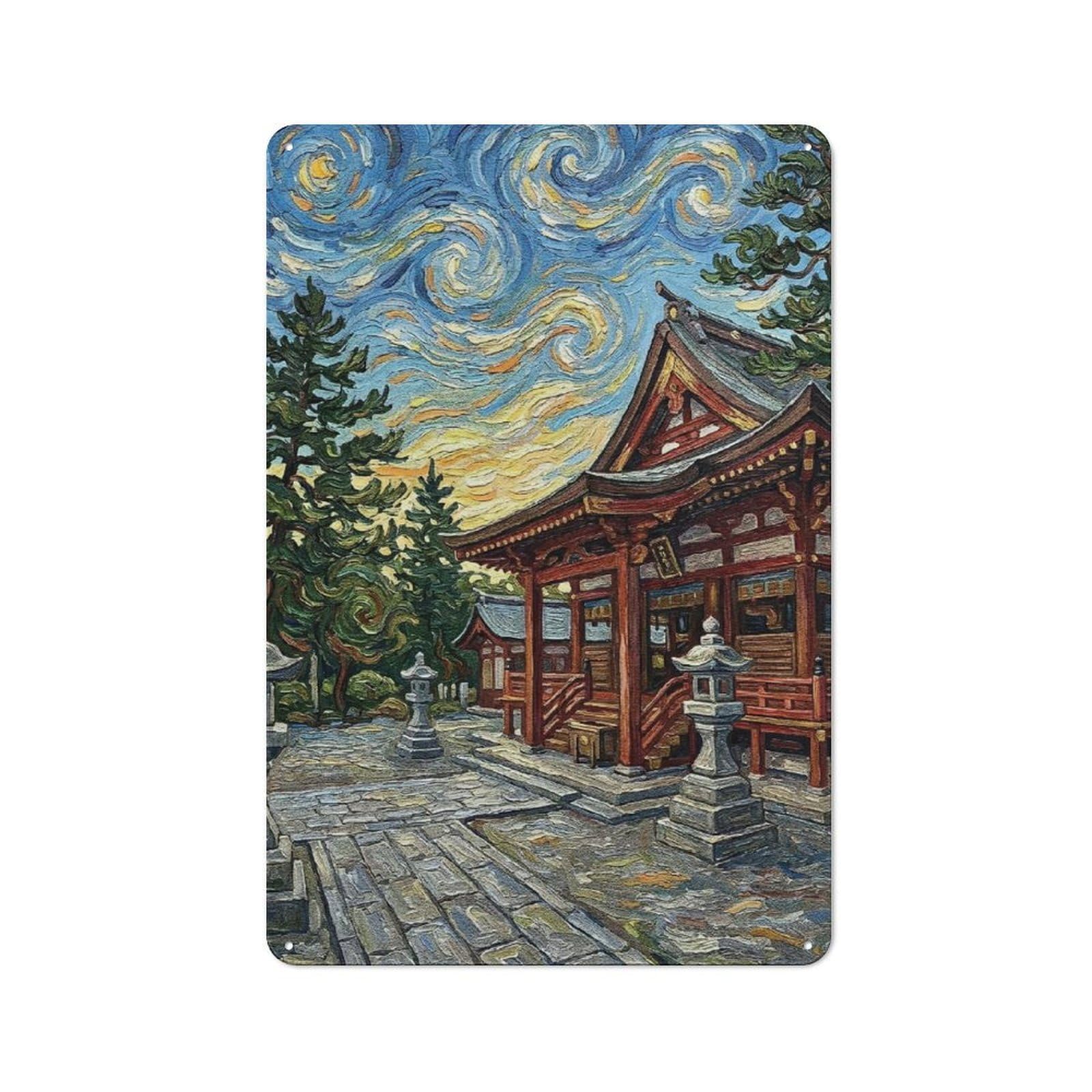 Junmoney Style-9 Metal Plaque 30X20cm With Japanese Temple In Van Gogh Style For Pub Or Café, Vintage Decor, For Metal Sign Collectors, For Vintage Wall Decor Fans