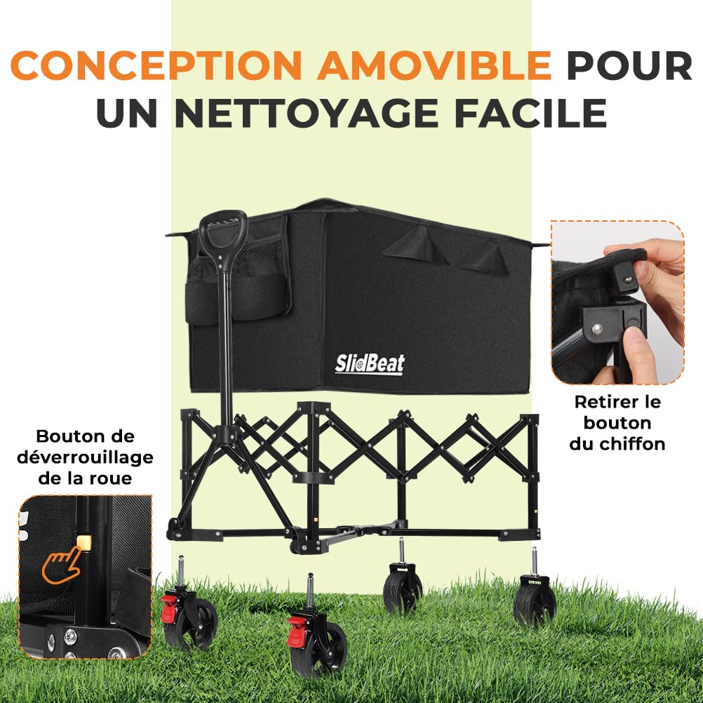 SLIDBEAT Chariot Tout-Terrain Pliable avec Double Frein - Chariot de Transport pour Jardin, Plage et Courses avec Poignée Réglable 0°-90°, Structure Démontable et Lavable en Machine, Capacité XL 150KG
